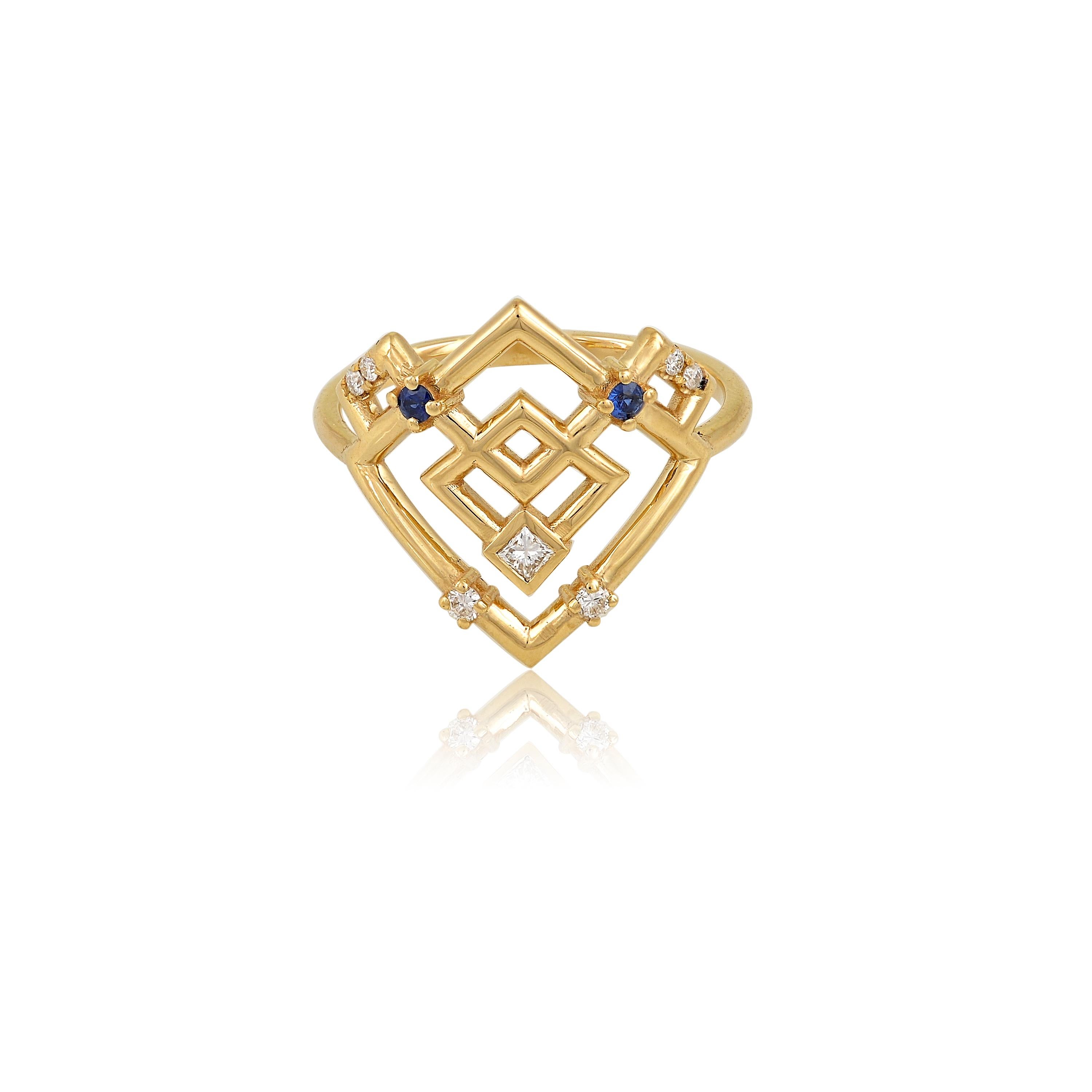 Designer: Alexia Gryllaki
Dimensions: L20x18mm
Ring Size: UK N 1/2 (USA 7)
Weight: approximately 3.2g 
Barcode: ING040R

The Interlocking Geometry ring in 18 karat yellow gold with sapphires approx. 0.08cts, princess-cut and round brilliant-cut