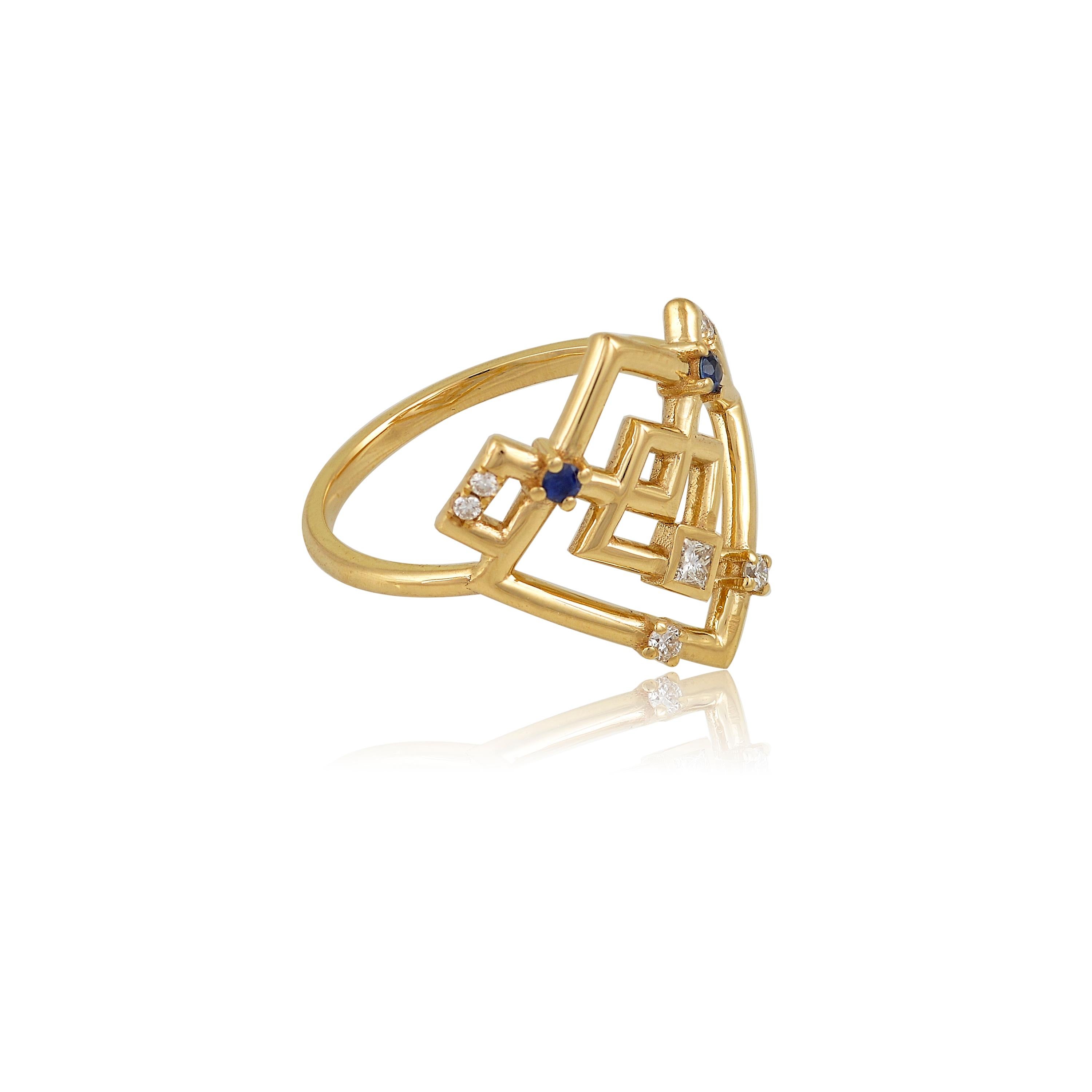 Contemporary Interlocking Geometry Sapphire and Diamond 18 Karat Gold Ring