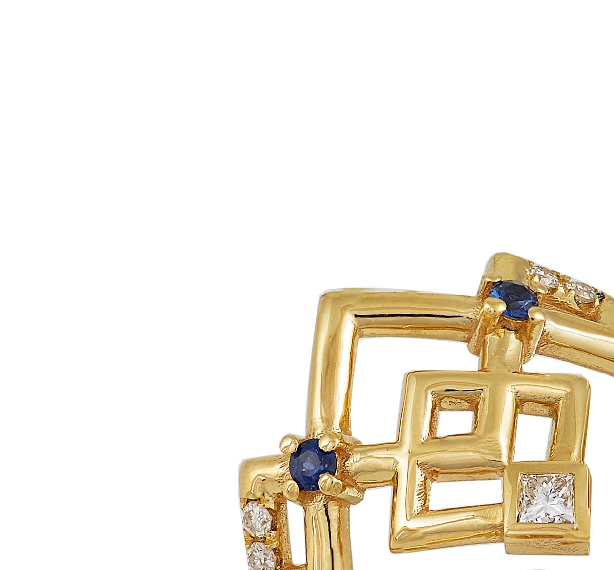 Round Cut Interlocking Geometry Sapphire and Diamond 18 Karat Gold Ring