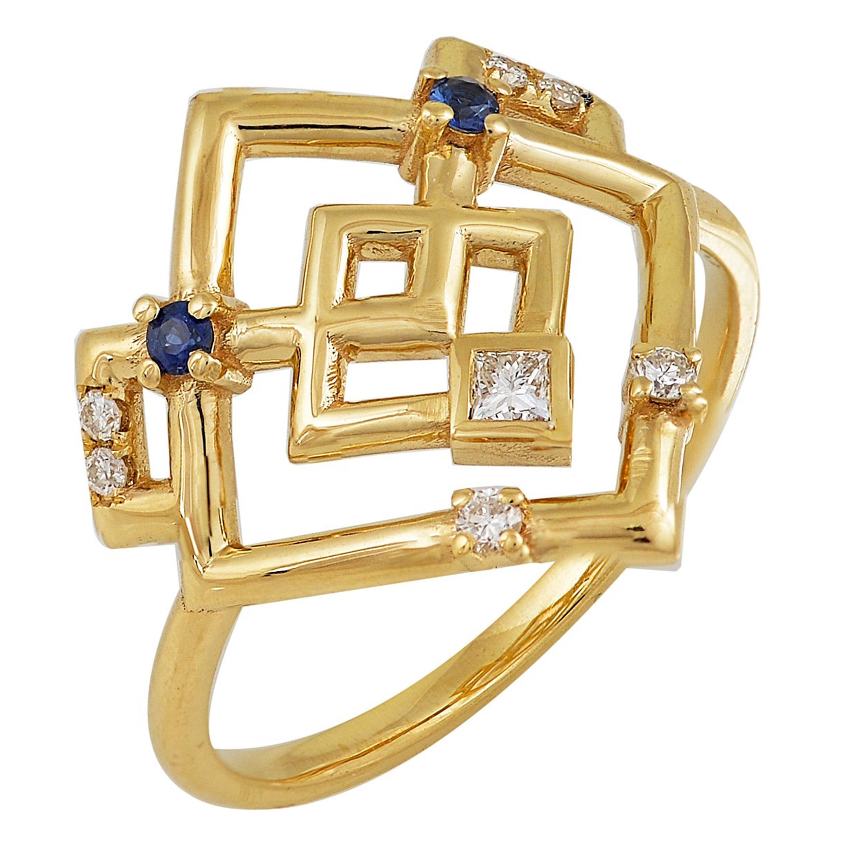 Interlocking Geometry Sapphire and Diamond 18 Karat Gold Ring