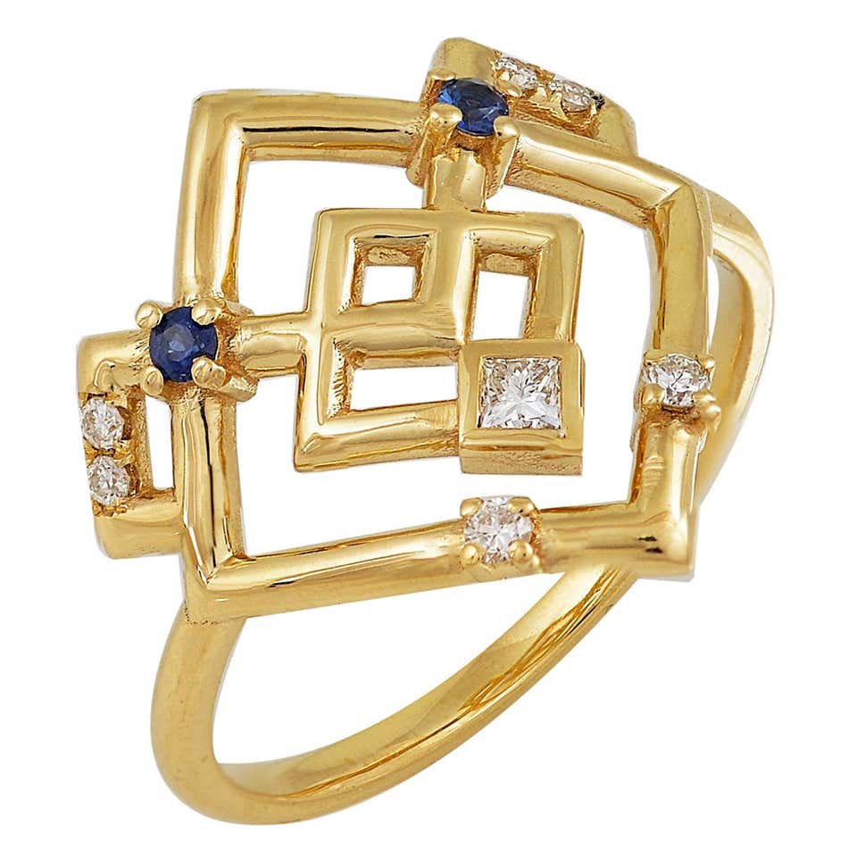 Interlocking Geometry Sapphire and Diamond 18 Karat Gold Necklace For ...