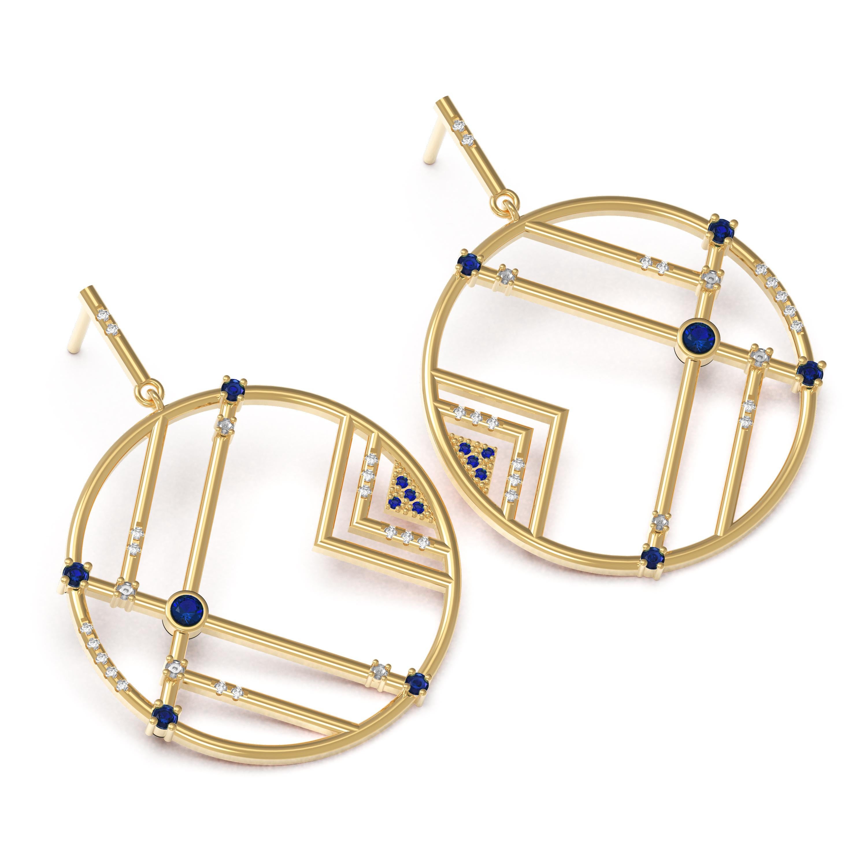 Designer: Alexia Gryllaki
Dimensions: L41x30mm
Weight: approximately 11.7g (pair)
Barcode: ING038E

The Interlocking Geometry earrings in 18 karat yellow gold with sapphires approx. 0.62cts and round brilliant-cut diamonds approx. 0.26cts.

About