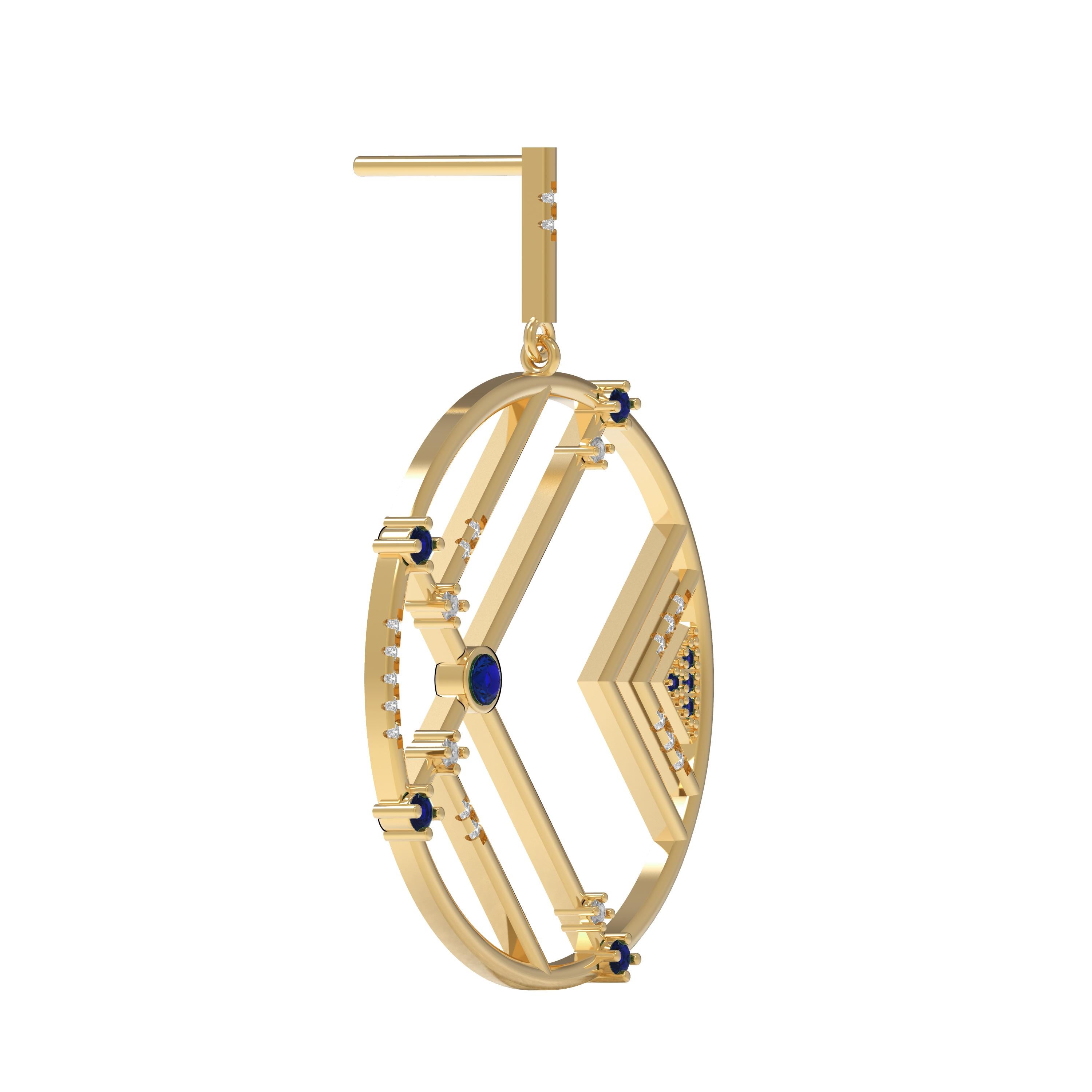 Contemporary Interlocking Geometry Sapphire and Diamond Gold Earrings