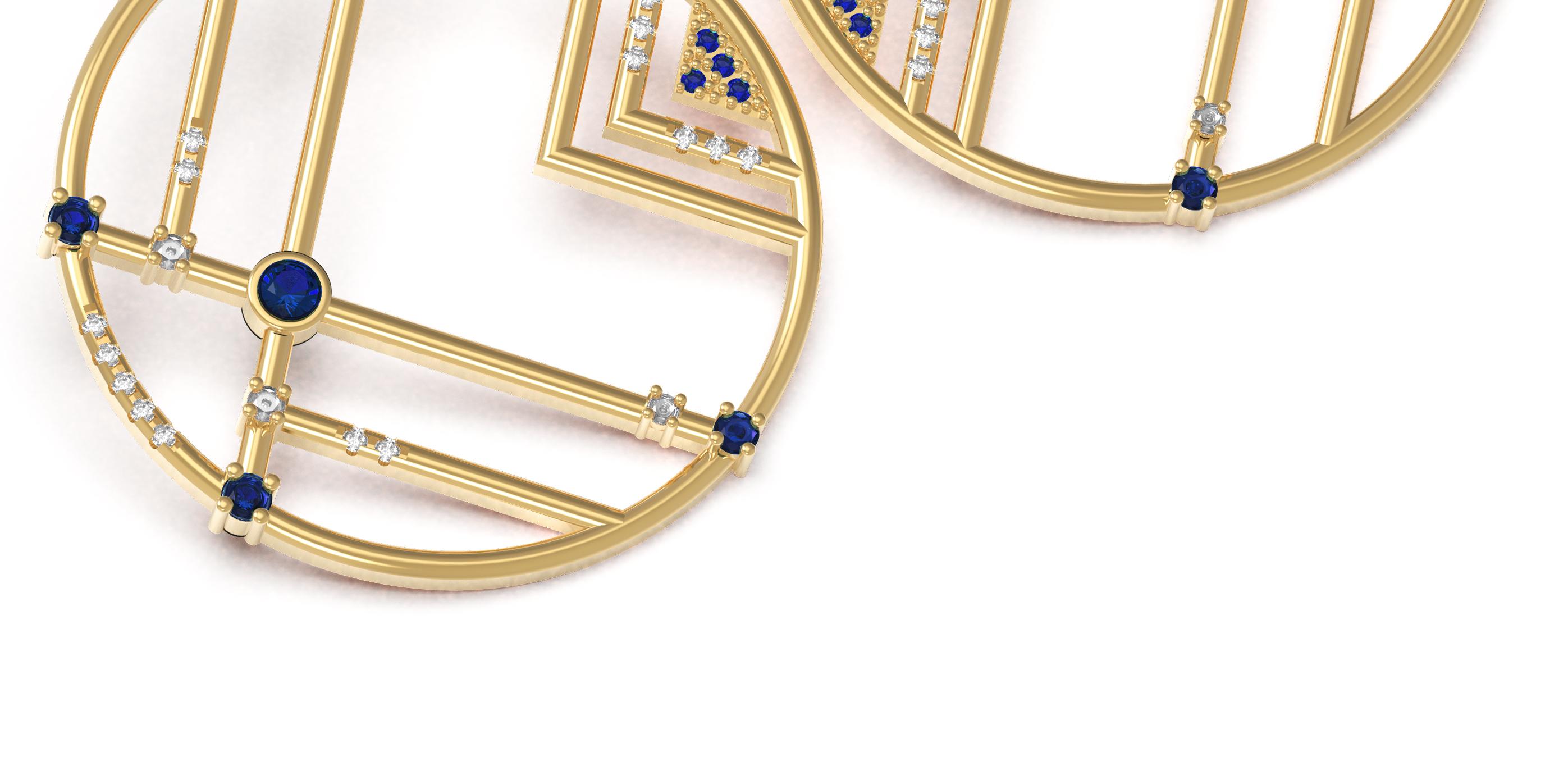Round Cut Interlocking Geometry Sapphire and Diamond Gold Earrings