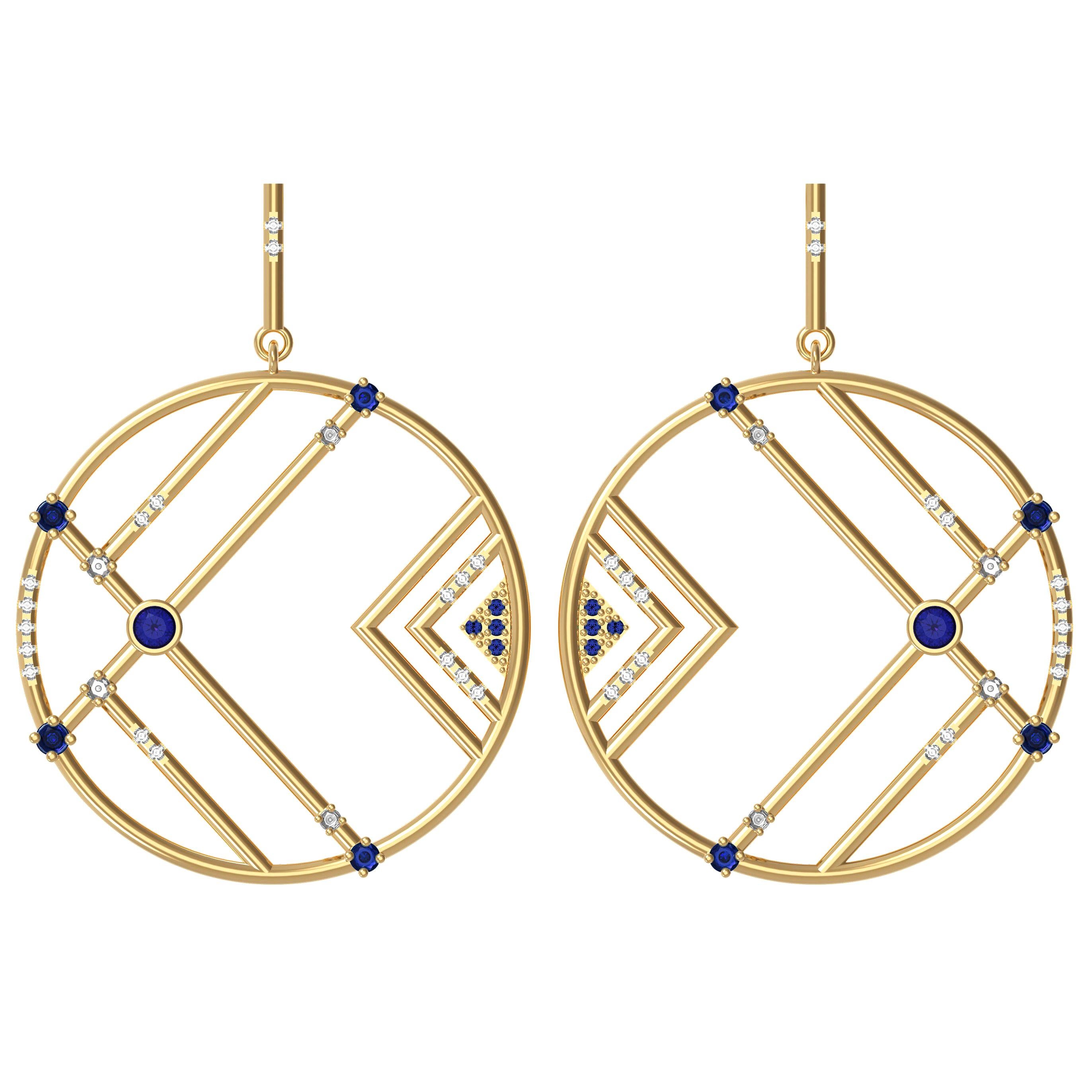 Interlocking Geometry Sapphire and Diamond Gold Earrings