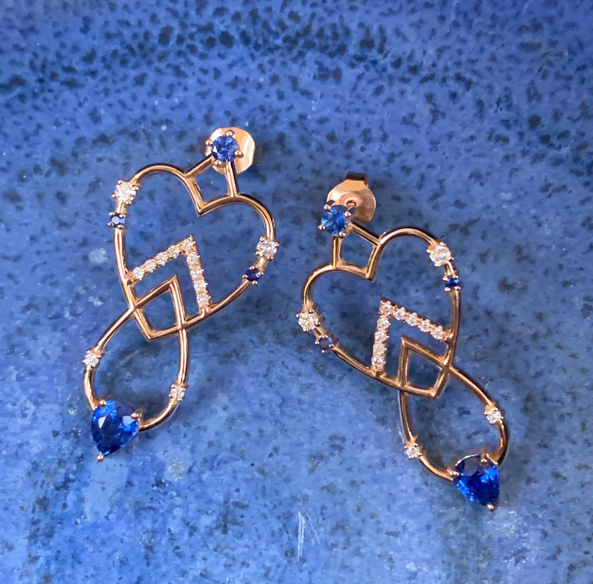 Contemporary Interlocking Geometry Sapphire and Diamond Rose Gold Long Earrings
