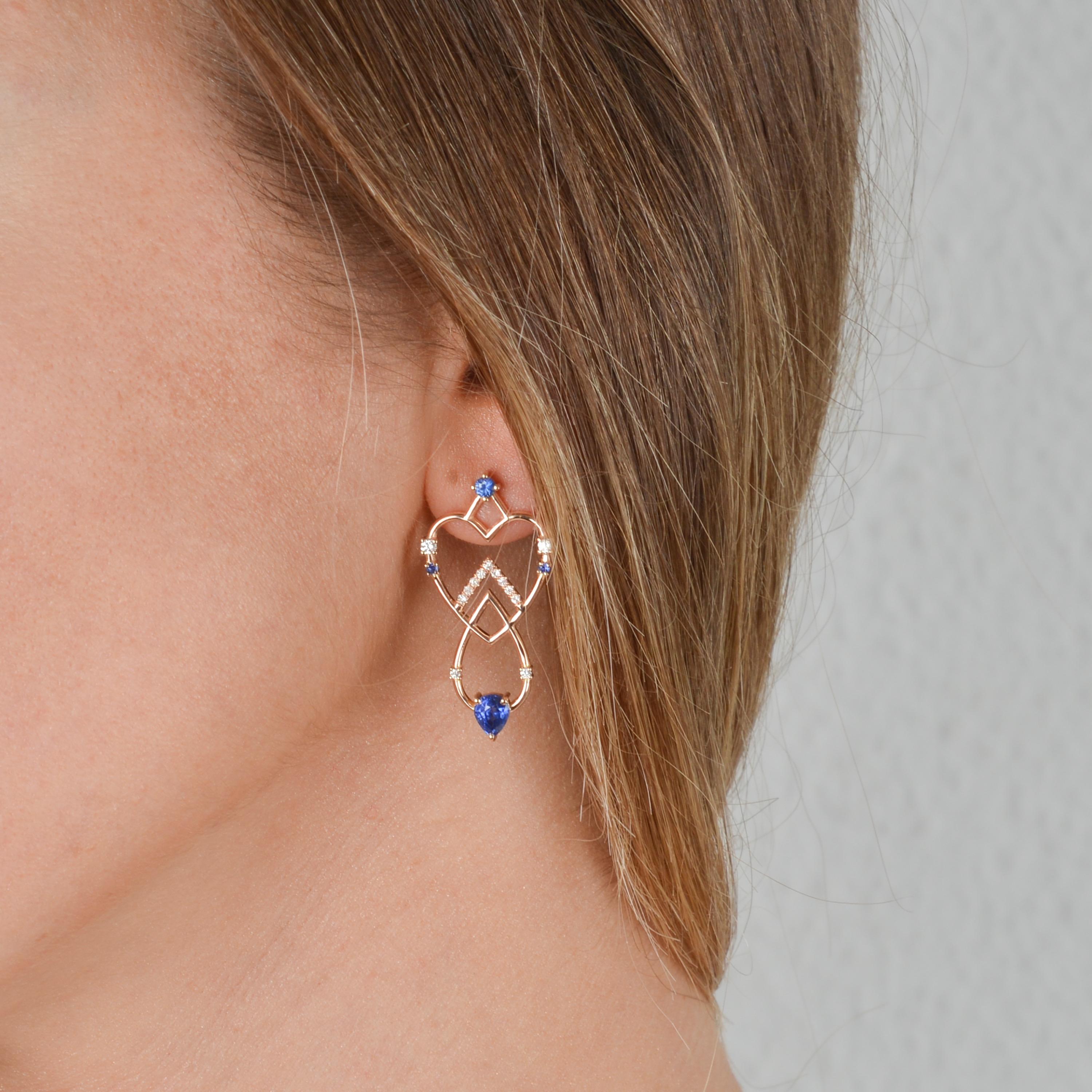 Round Cut Interlocking Geometry Sapphire and Diamond Rose Gold Long Earrings