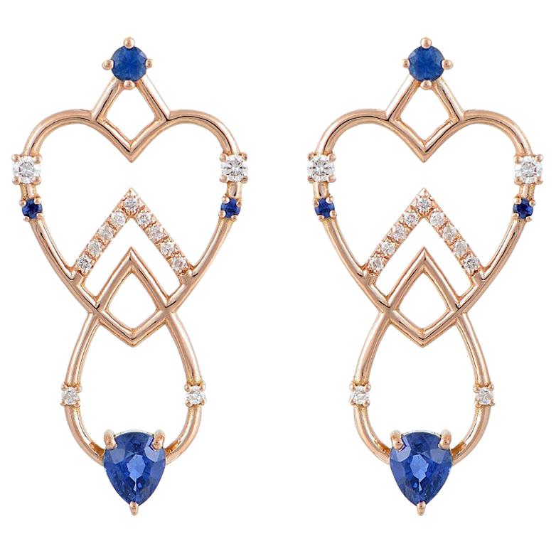 Interlocking Geometry Sapphire and Diamond Rose Gold Long Earrings