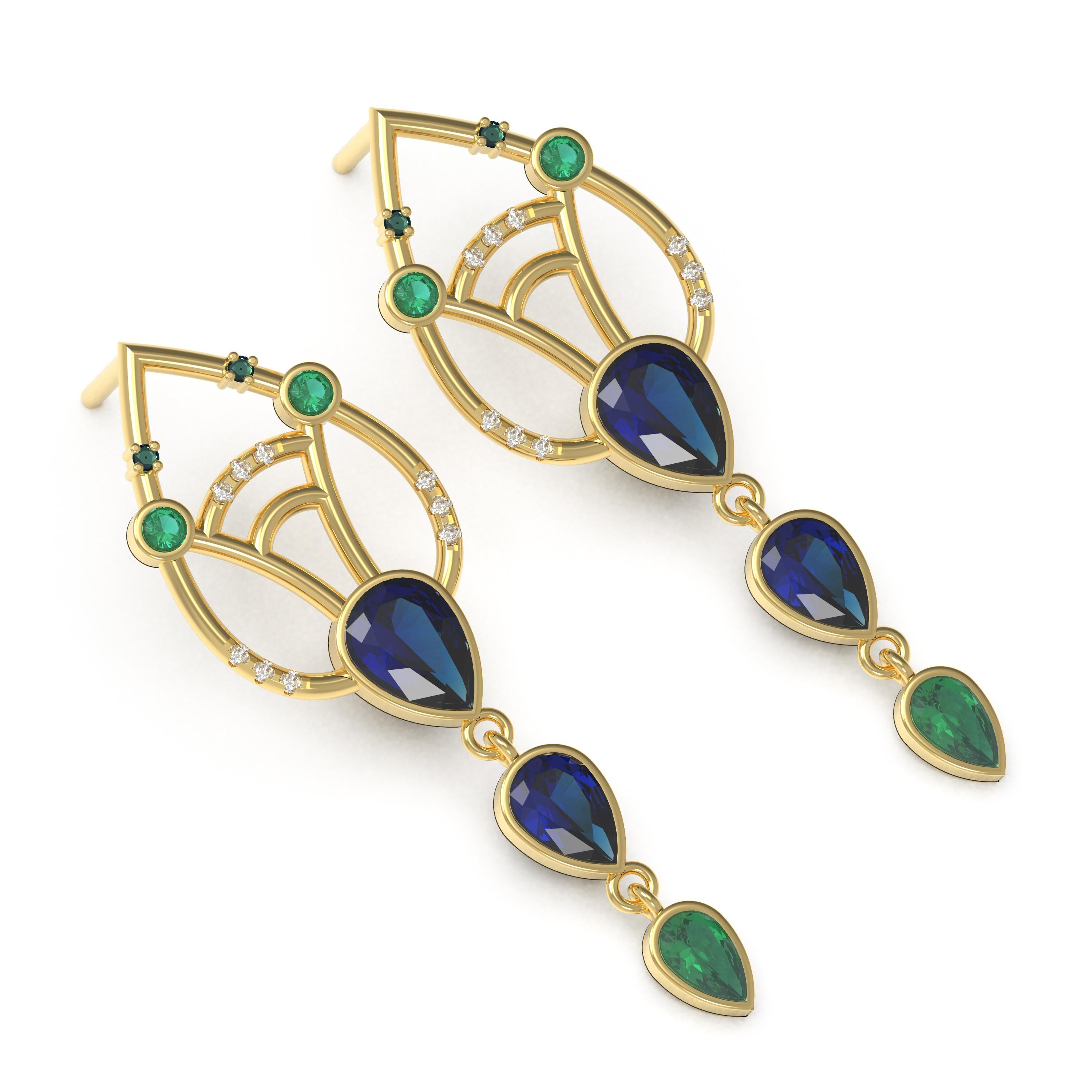 Designer: Alexia Gryllaki
Dimensions: L40x13mm
Weight: approximately 5.8g (pair)
Barcode: ING020E

The Interlocking Geometry earrings in 18 karat yellow gold with sapphires approx. 2.62cts, emeralds approx. 0.60cts and round brilliant-cut diamonds