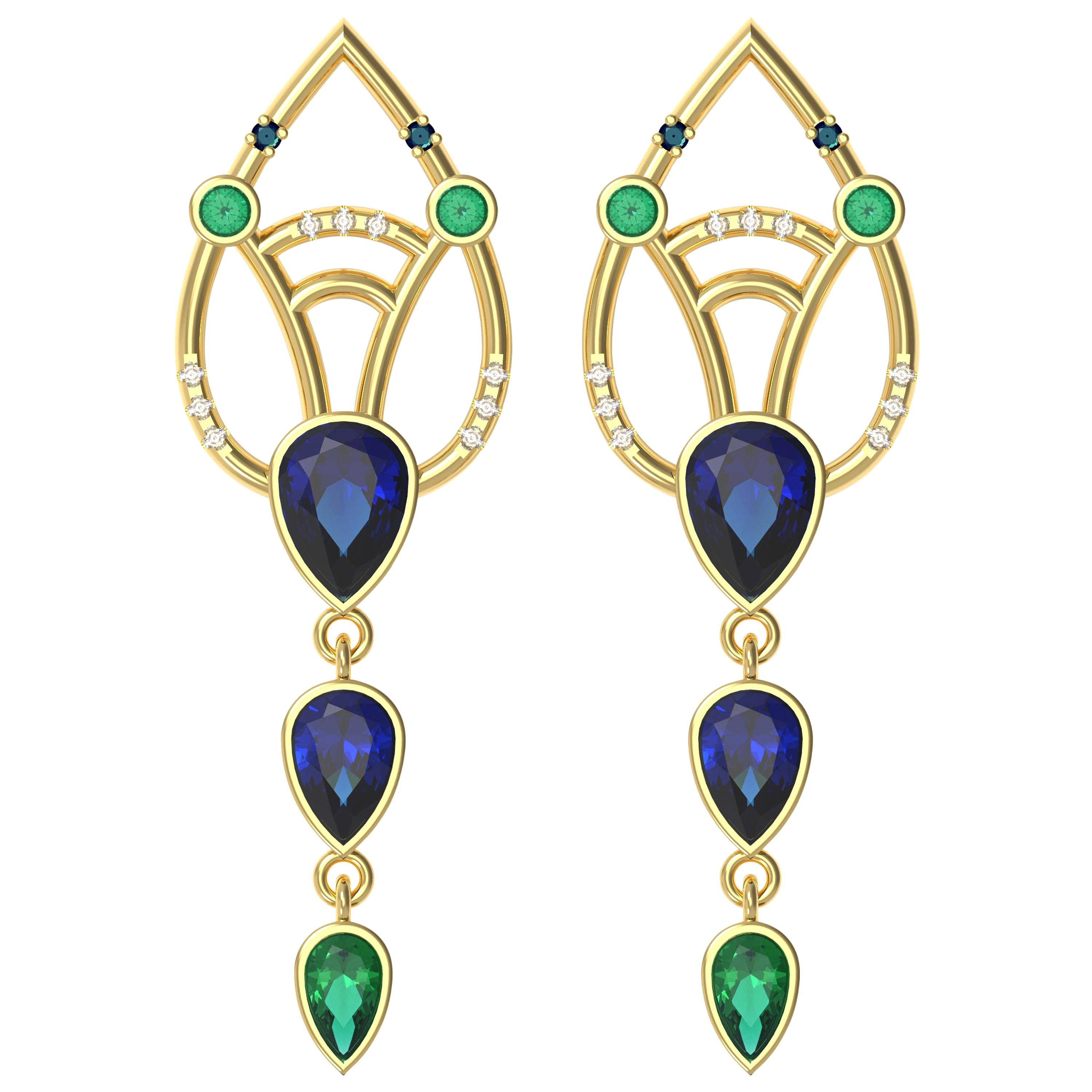 Interlocking Geometry Sapphire and Emerald Gold Earrings