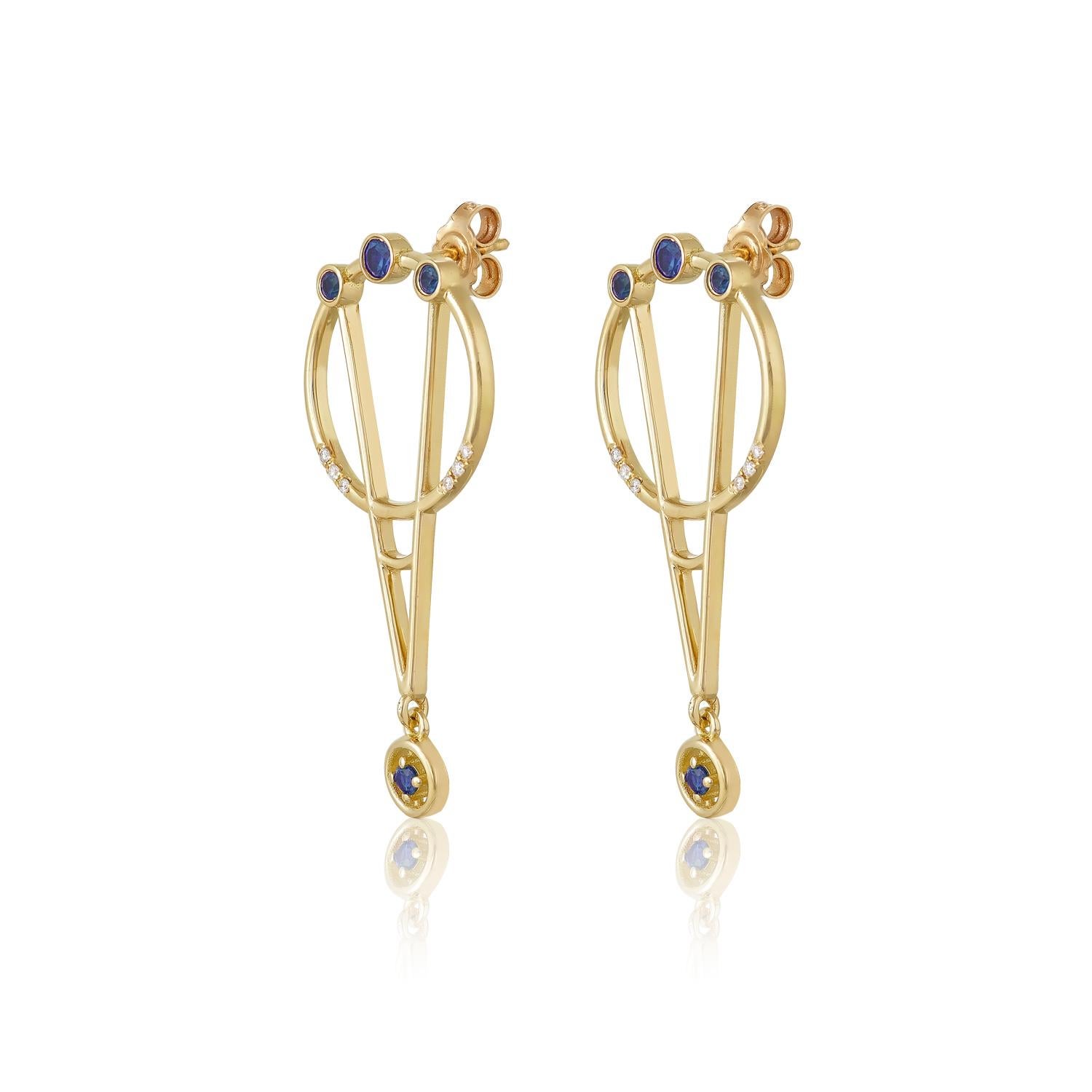 Designer: Alexia Gryllaki
Dimensions: L37x17mm
Weight: approximately 6.2g (pair)
Barcode: ING030ES

The Interlocking Geometry earrings in 18 karat yellow gold with sapphires approx. 0.48cts and round brilliant-cut diamonds approx. 0.06cts.

About