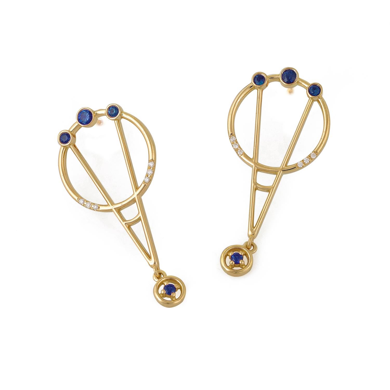 Contemporary Interlocking Geometry Sapphire Diamond 18 Karat Gold Earrings