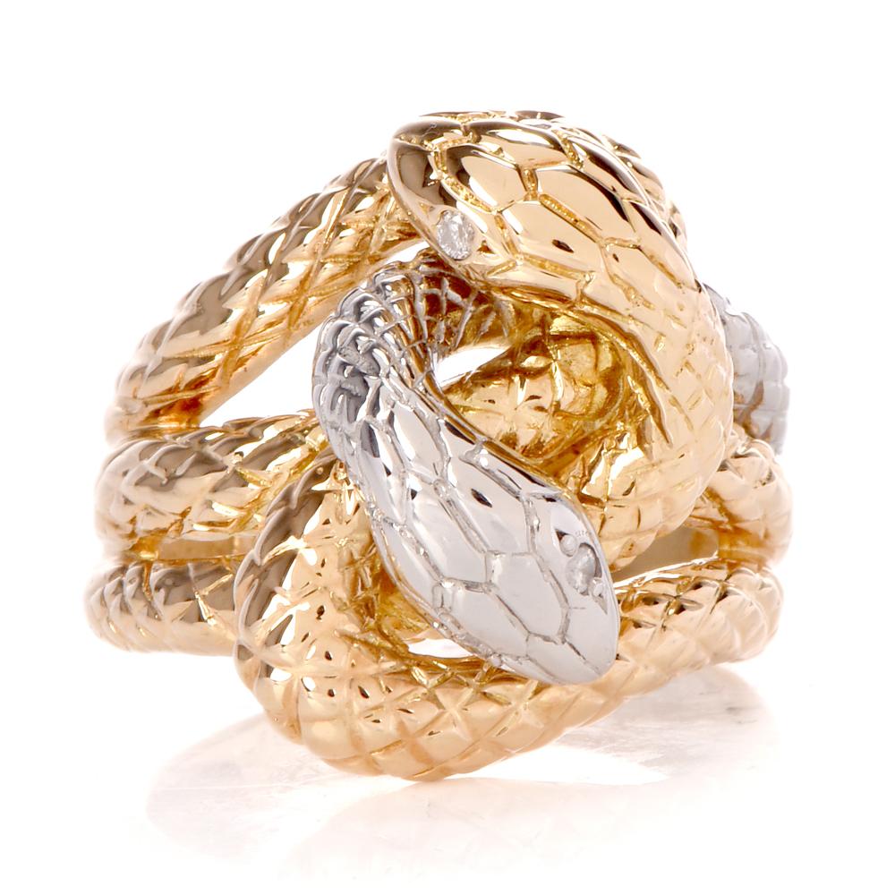 Interlocking Snakes Diamond Yellow Gold Platinum Ring In Excellent Condition In Miami, FL