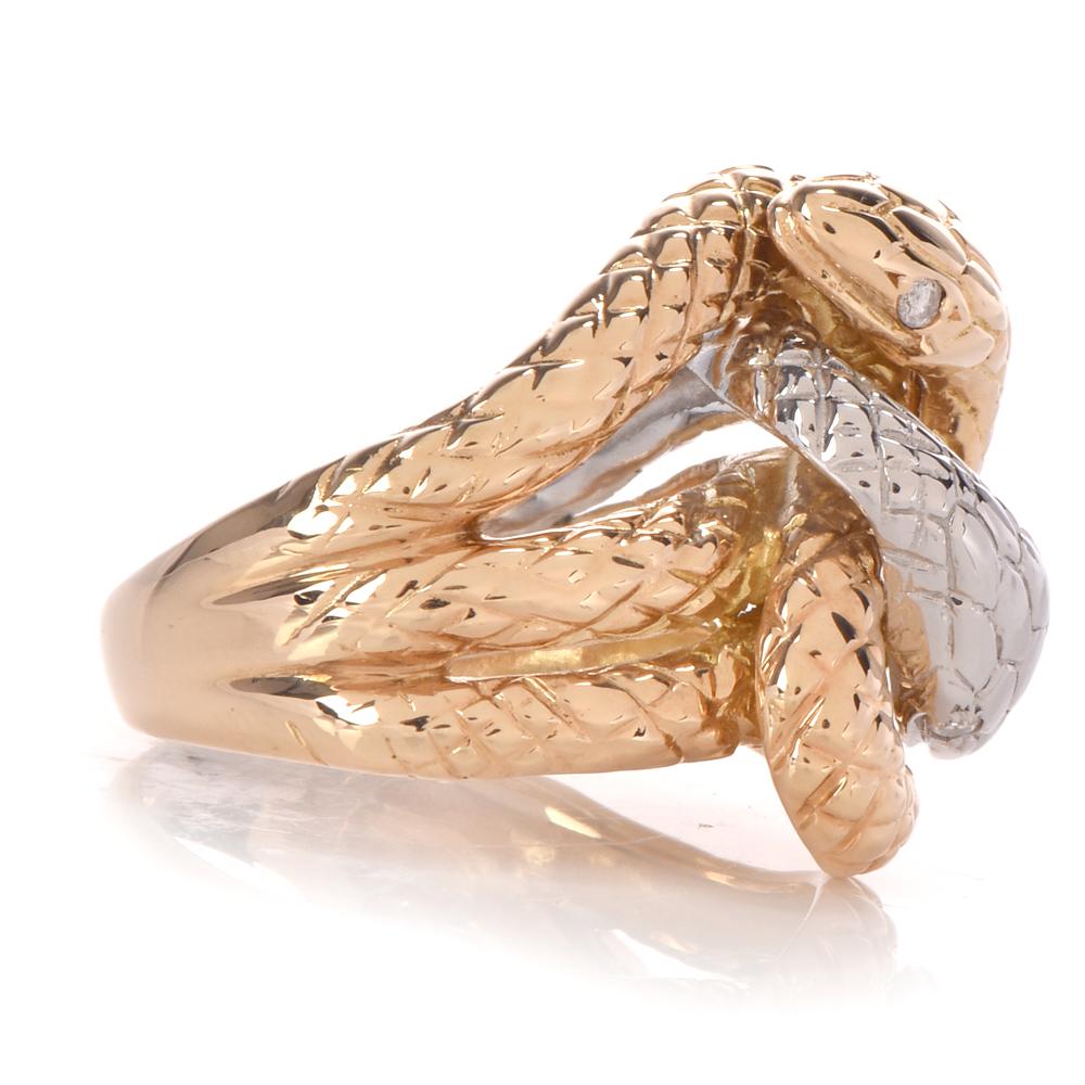 Women's or Men's Interlocking Snakes Diamond Yellow Gold Platinum Ring