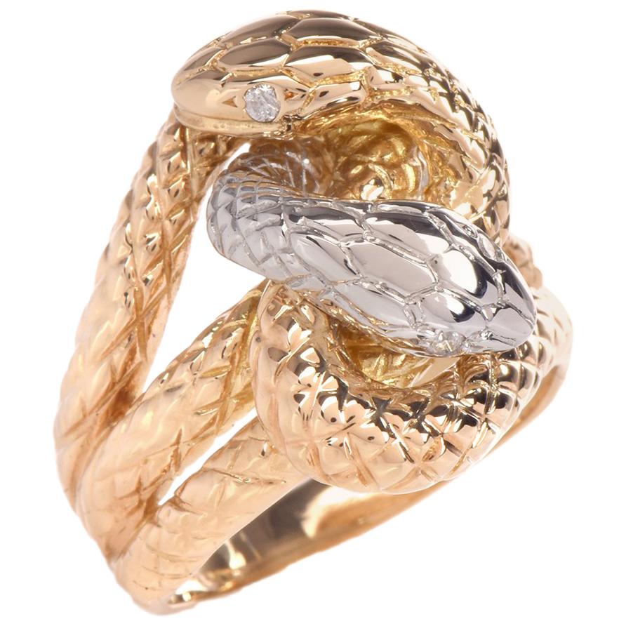 Interlocking Snakes Diamond Yellow Gold Platinum Ring