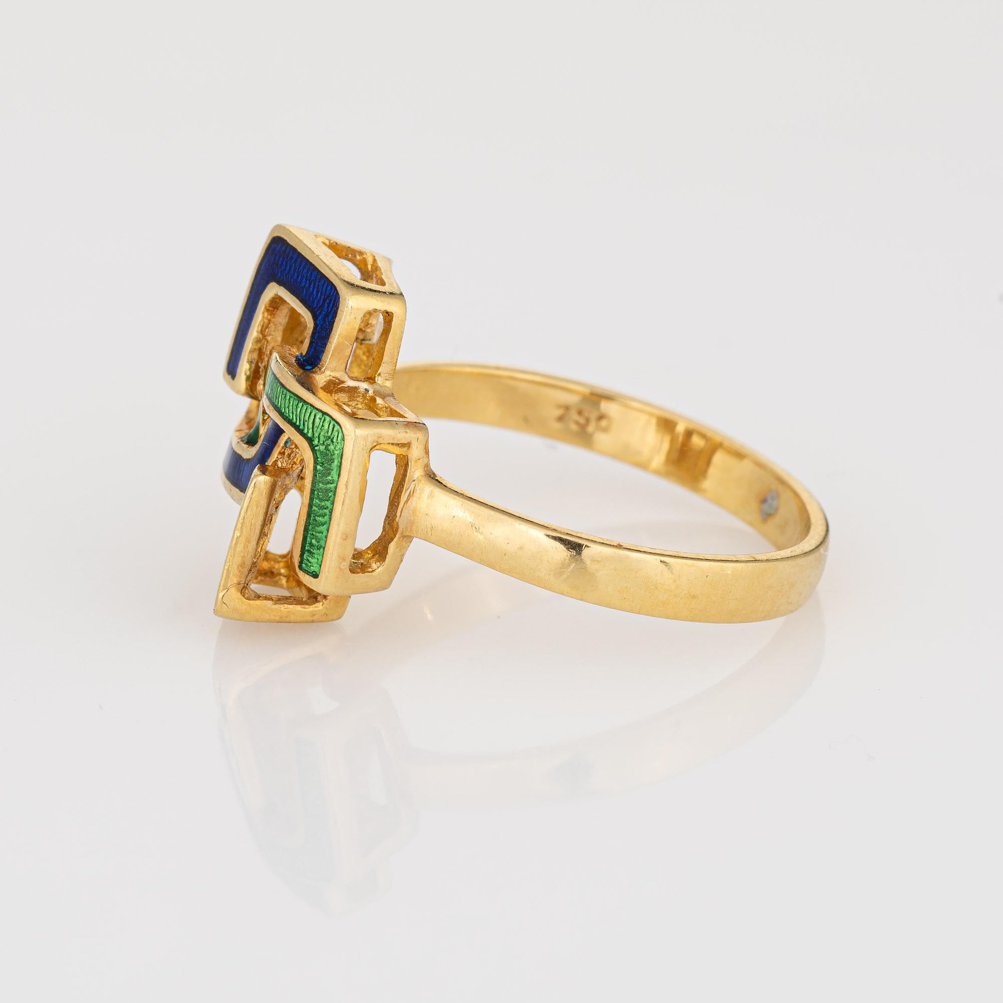 Interlocking Square Infinity Ring 6 Vintage Green Blue Enamel 18k Yellow Gold In Good Condition For Sale In Torrance, CA