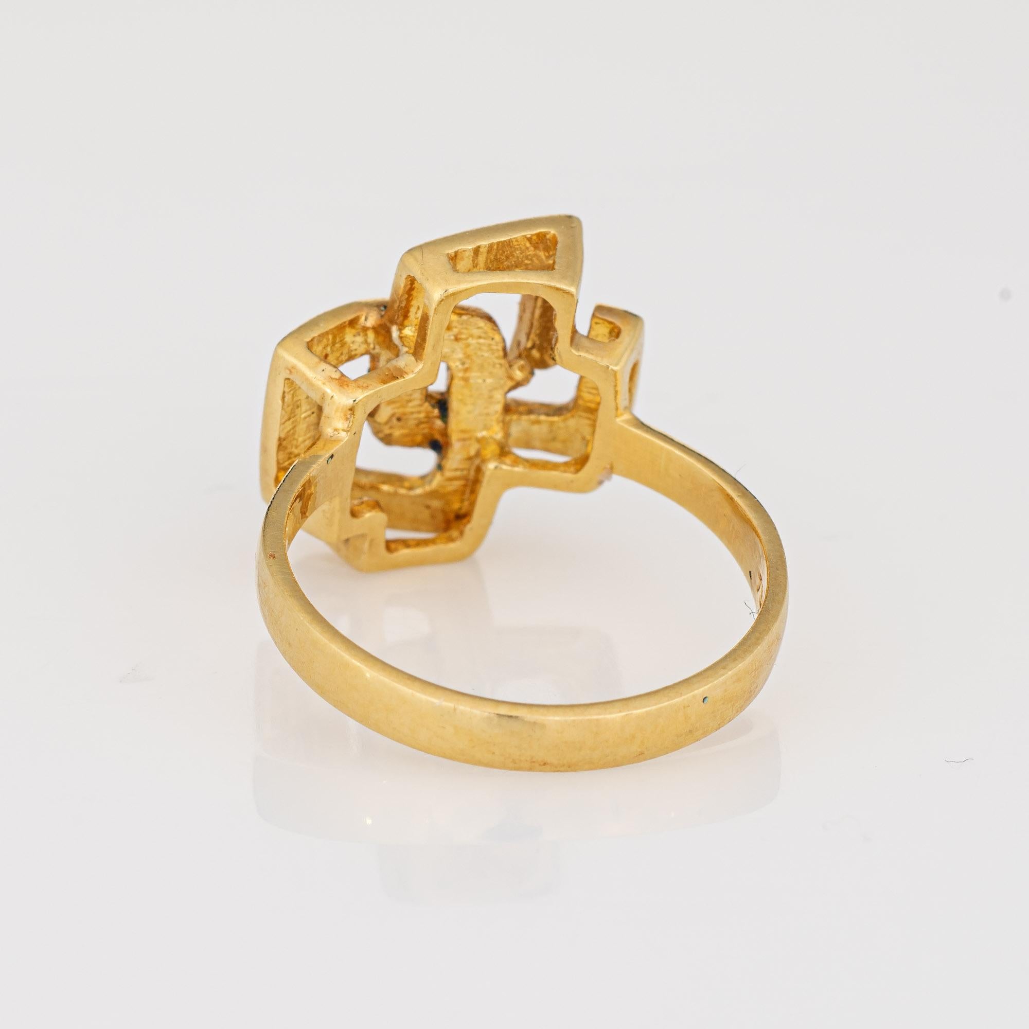 Women's Interlocking Square Infinity Ring 6 Vintage Green Blue Enamel 18k Yellow Gold For Sale