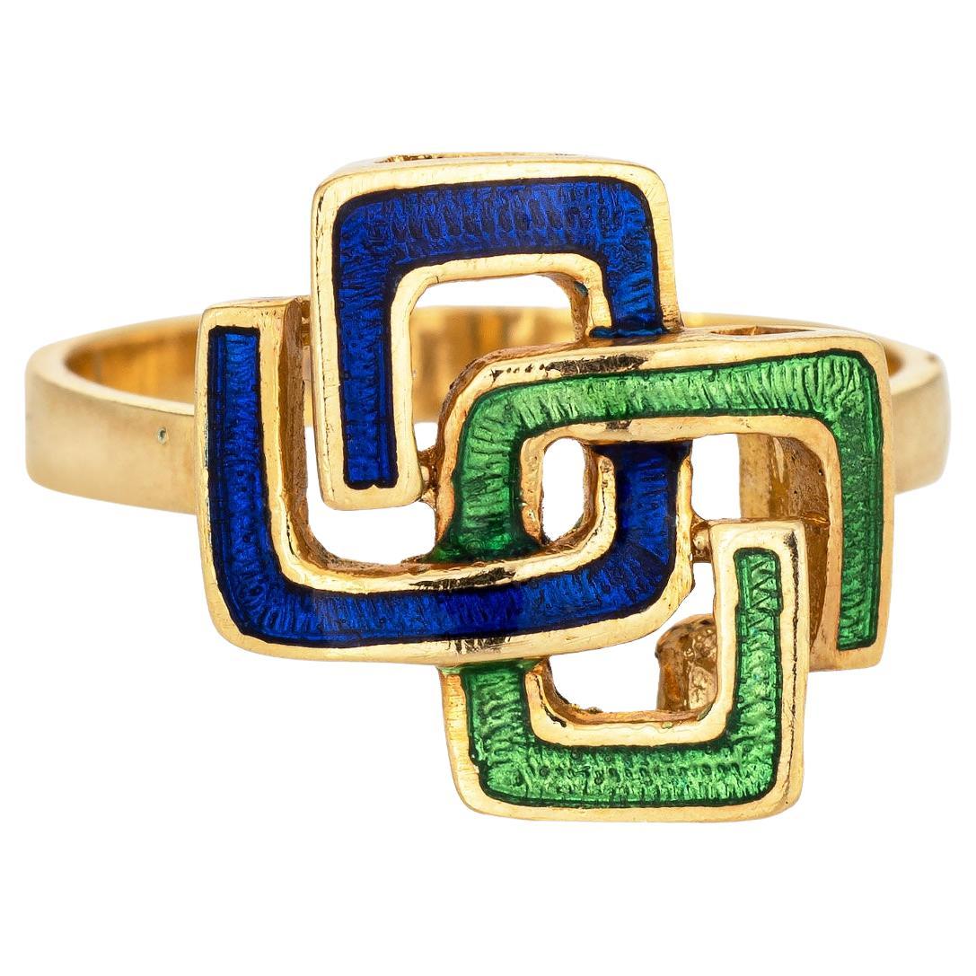 Interlocking Square Infinity Ring 6 Vintage Green Blue Enamel 18k Yellow Gold For Sale