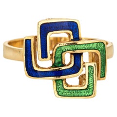 Interlocking Square Infinity Ring 6 Retro Green Blue Enamel 18k Yellow Gold