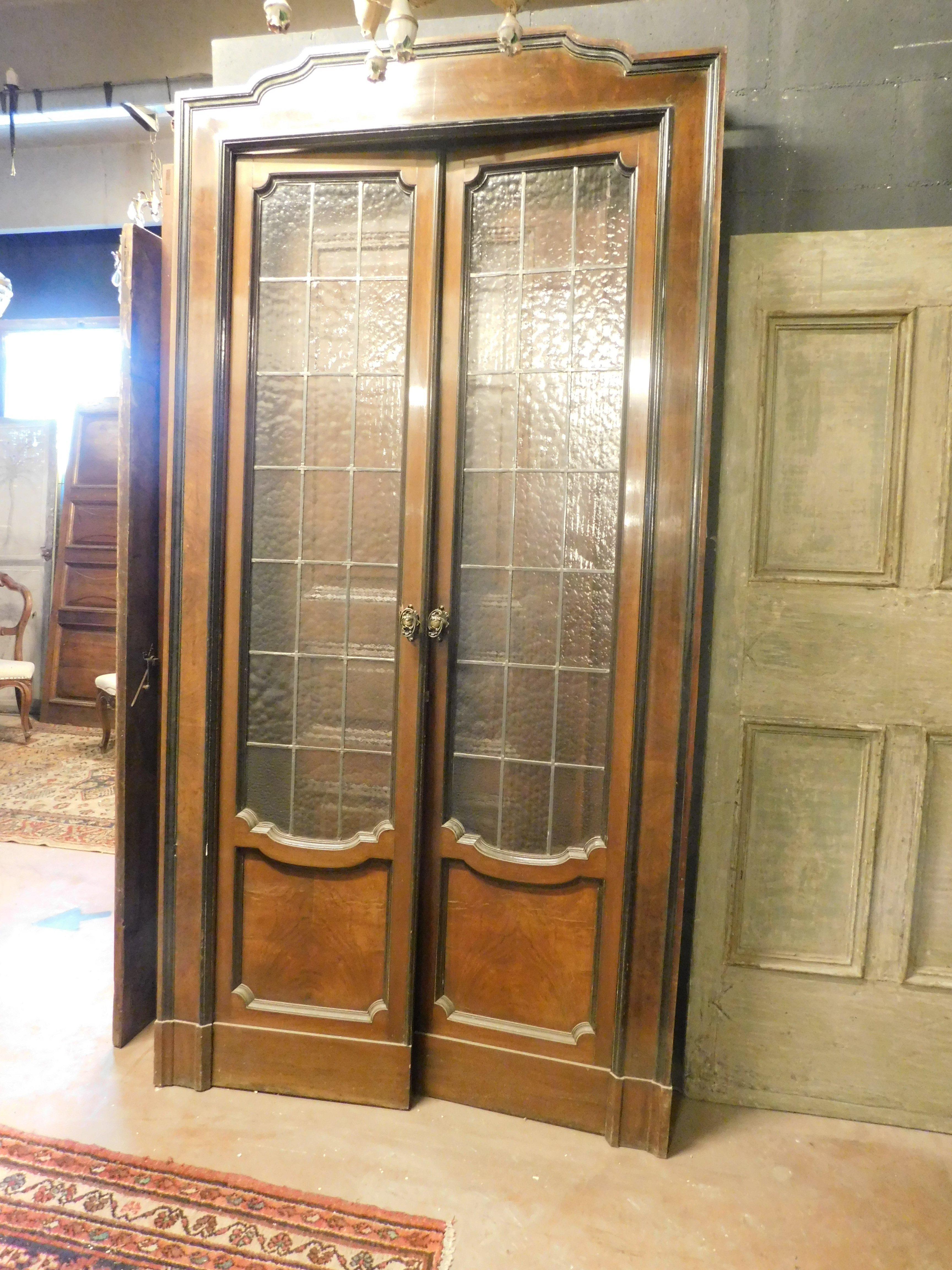 20th Century Internal wooden door with two leaves complete with glass and frame, Milan For Sale