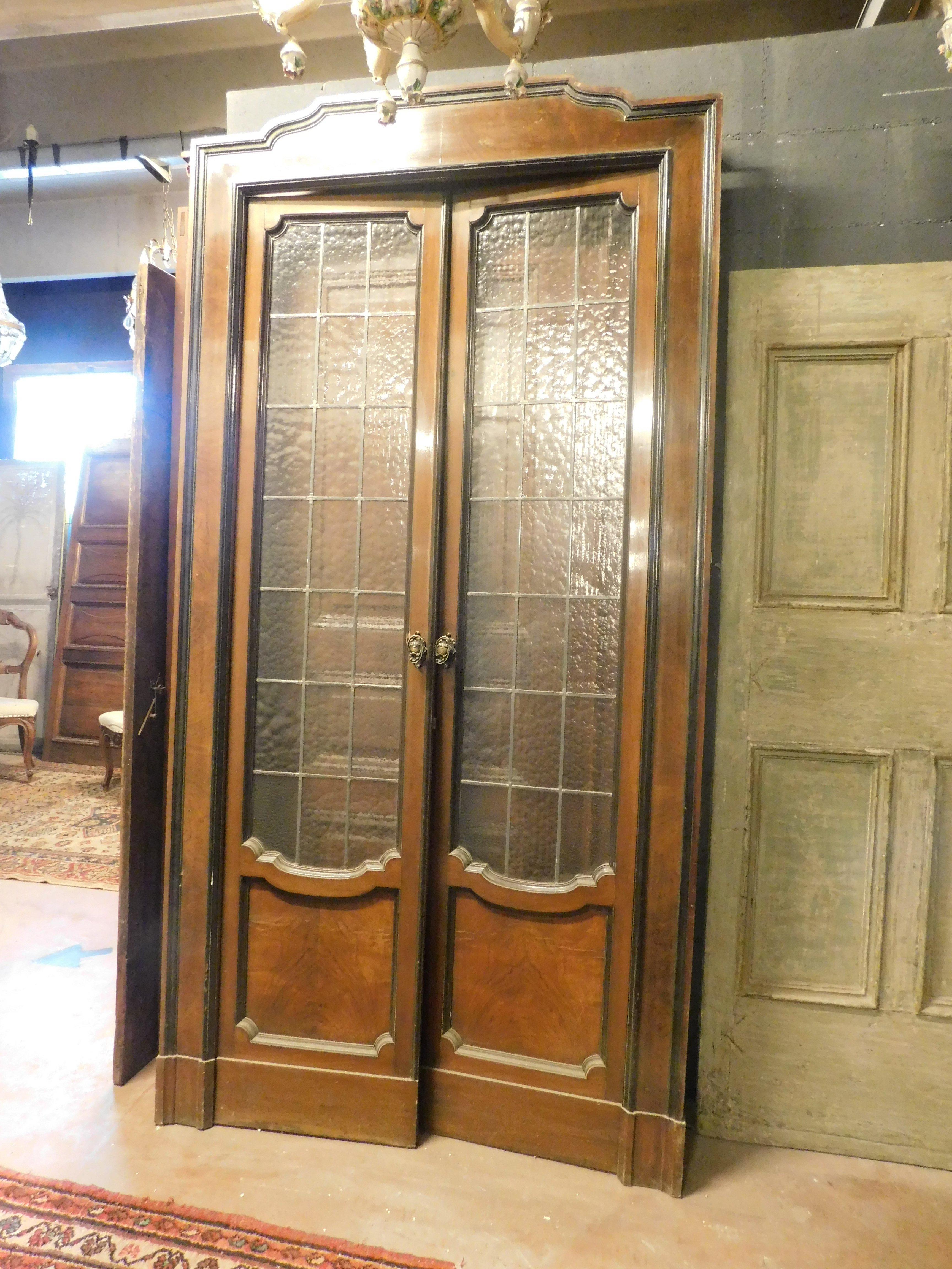 Glass Internal wooden door with two leaves complete with glass and frame, Milan For Sale