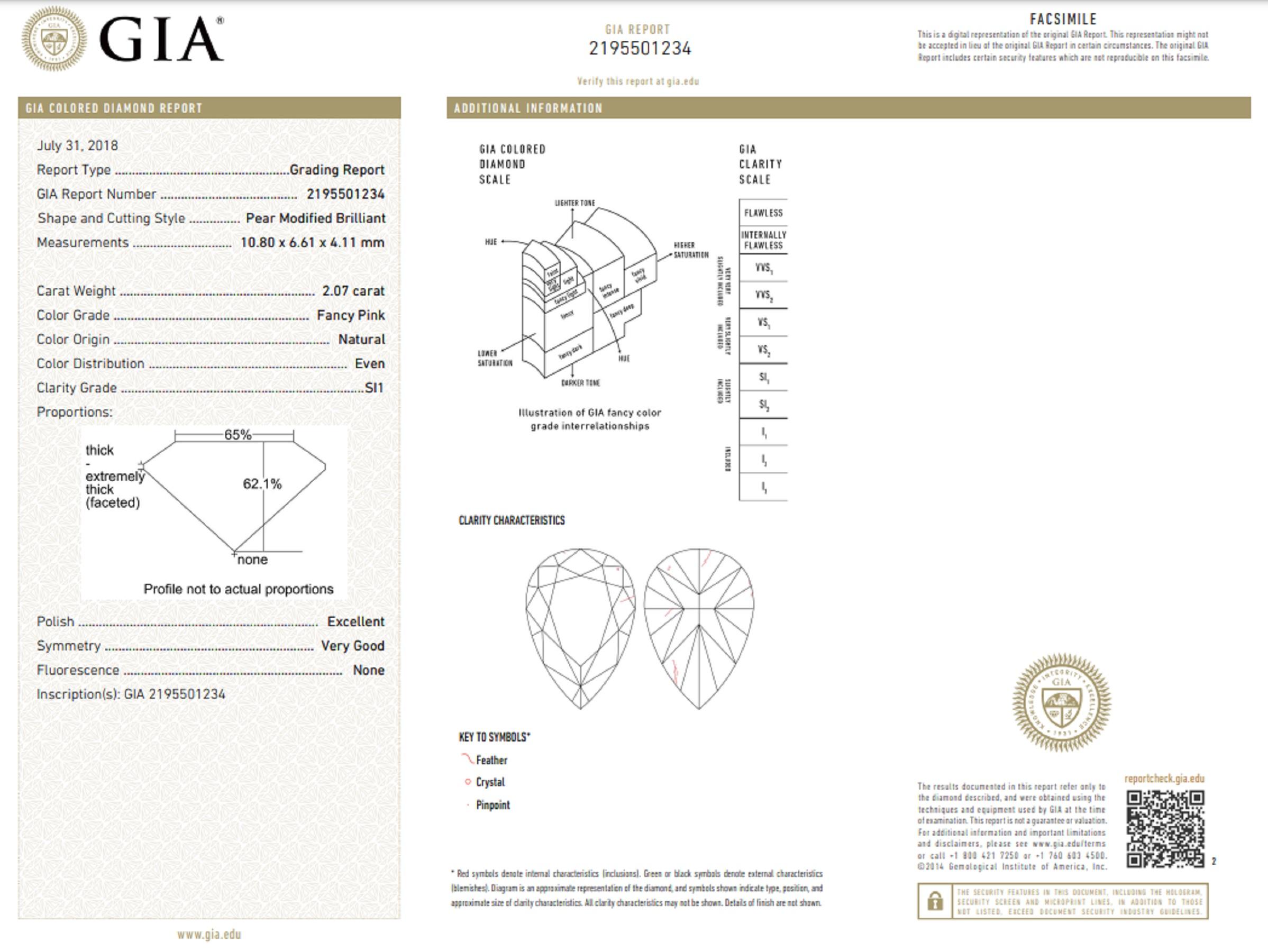 GIA-zertifizierter 2 Karat 100% natürlicher rosa Diamantring mit Even-Perlenschliff (Tropfenschliff)