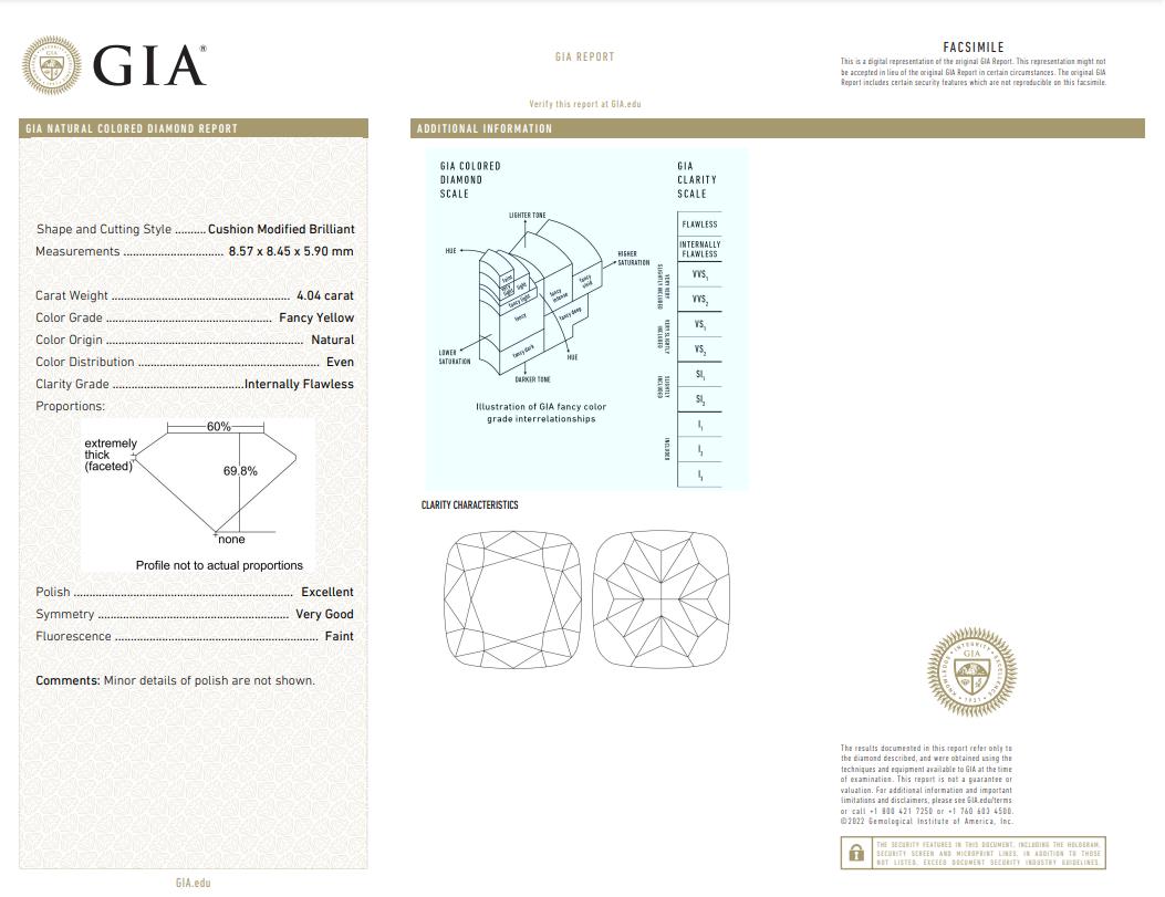 Radiant Cut Internally Flawless GIA Certified 4 Carat Fancy Yellow Diamond Ring For Sale