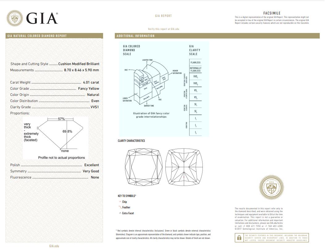 Taille coussin Bague en diamant jaune fantaisie de 4 carats certifié GIA, sans défaut interne en vente