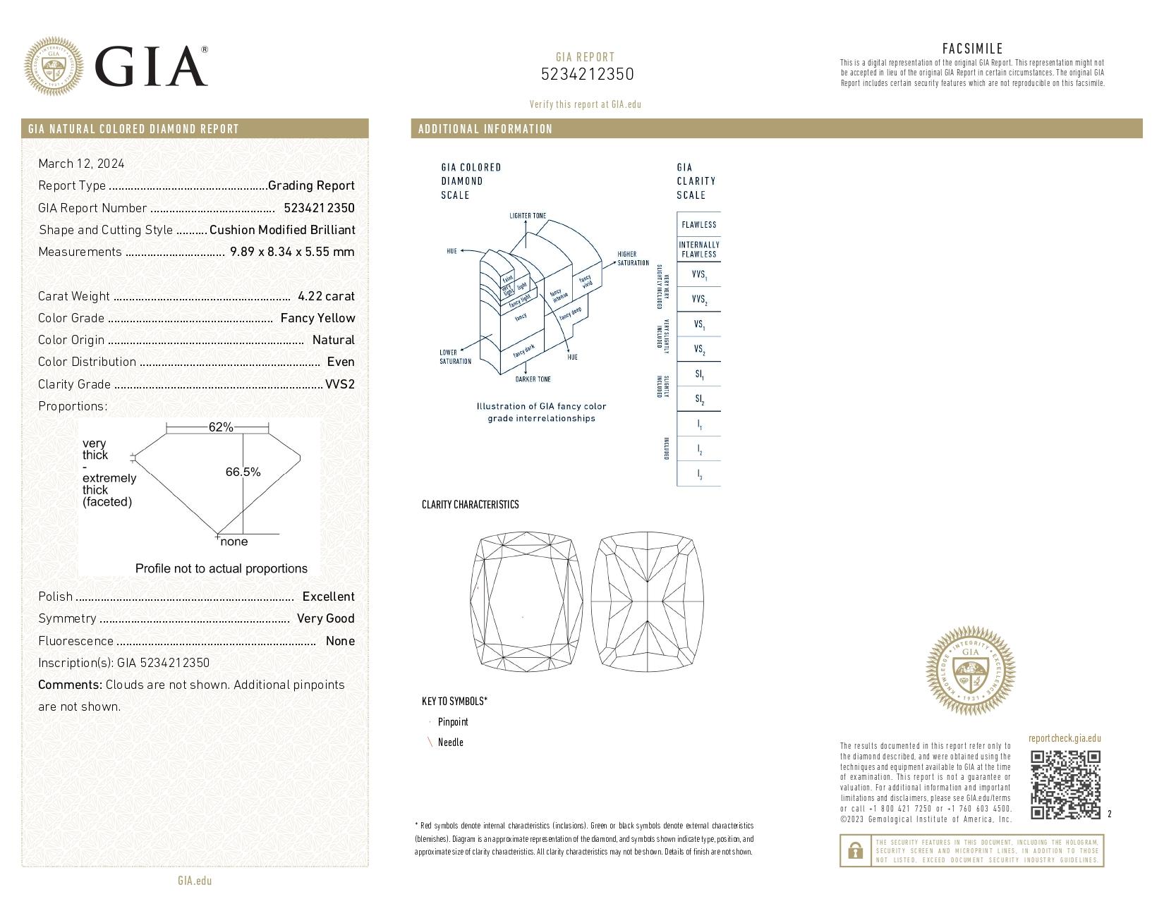 GIA Certified 4.22 Carat Cushion Cut Fancy Yellow Diamond VVS2 Clarity Ring In New Condition For Sale In Chicago, IL