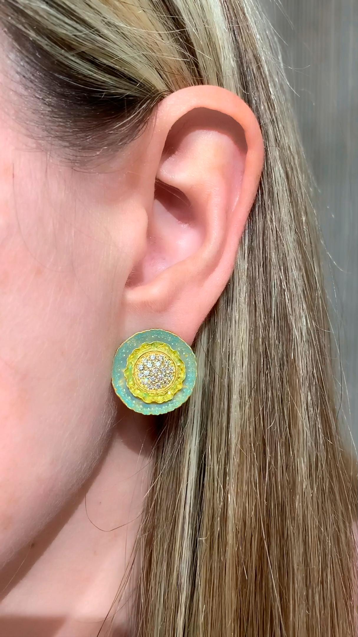 One-of-a-Kind flower earrings by master jewelry artist Eva Steinberg intricately handcrafted in 21k yellow gold featuring a gorgeous turquoise bluish green golden opalescent enamel flower-pressed outer edge surrounding inner yellow and green