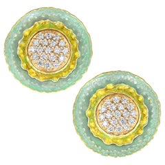 Internally Flawless White Diamond Opalescent Enamel Flower Stud Earrings