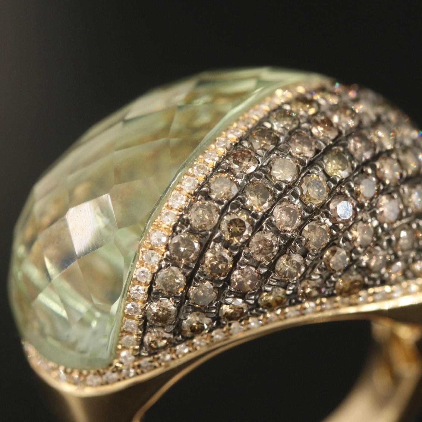 Round Cut International Diamond Jewelry Designer Diamond Prasiolite Ring / 14K / 18.5 CWT