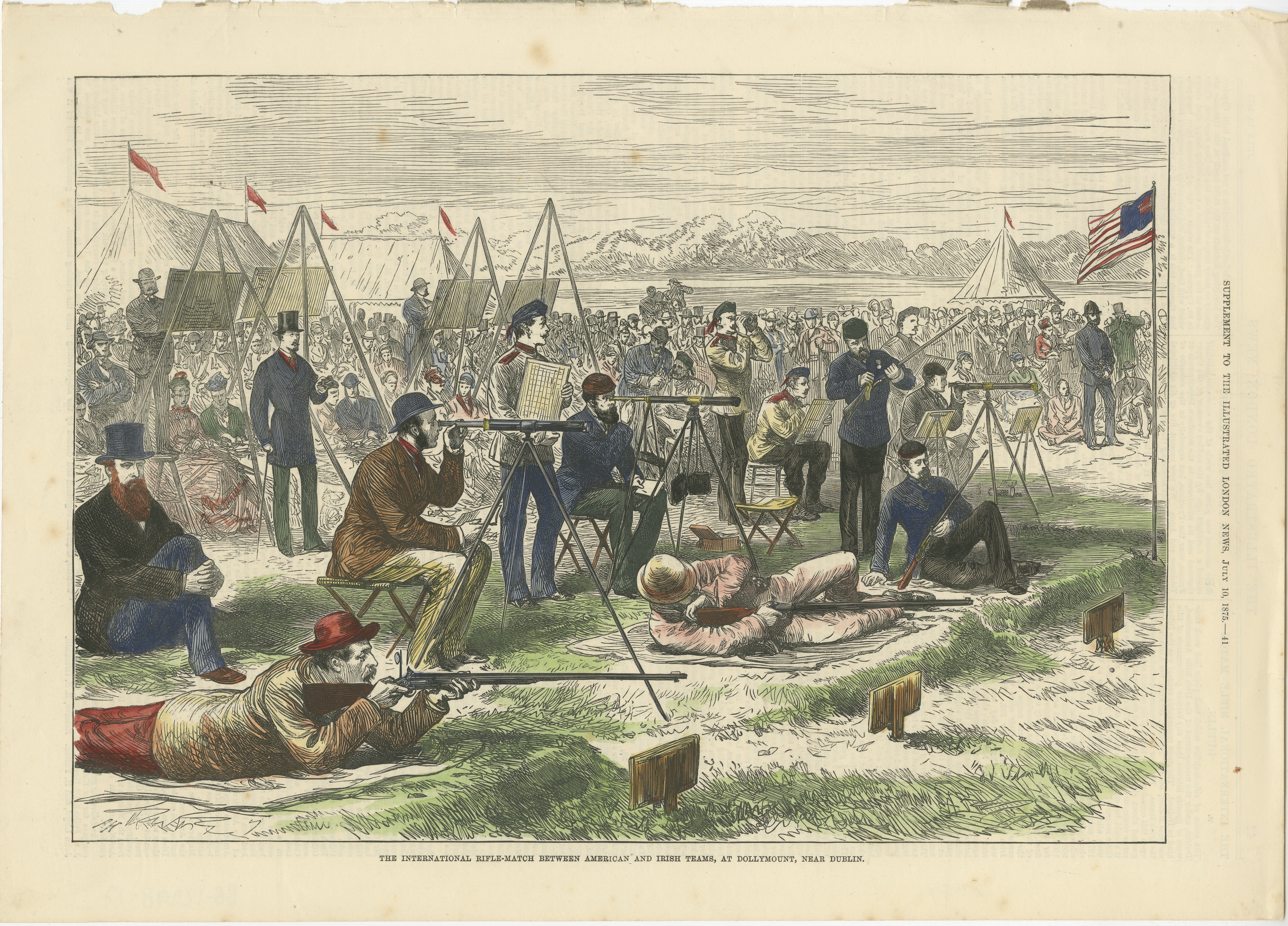 Title: The International Rifle Match Between American and Irish Teams, Dollymount, 1875

Description: This vibrant 1875 illustration, taken from the *Illustrated London News*, depicts the historic rifle match between the American and Irish teams at