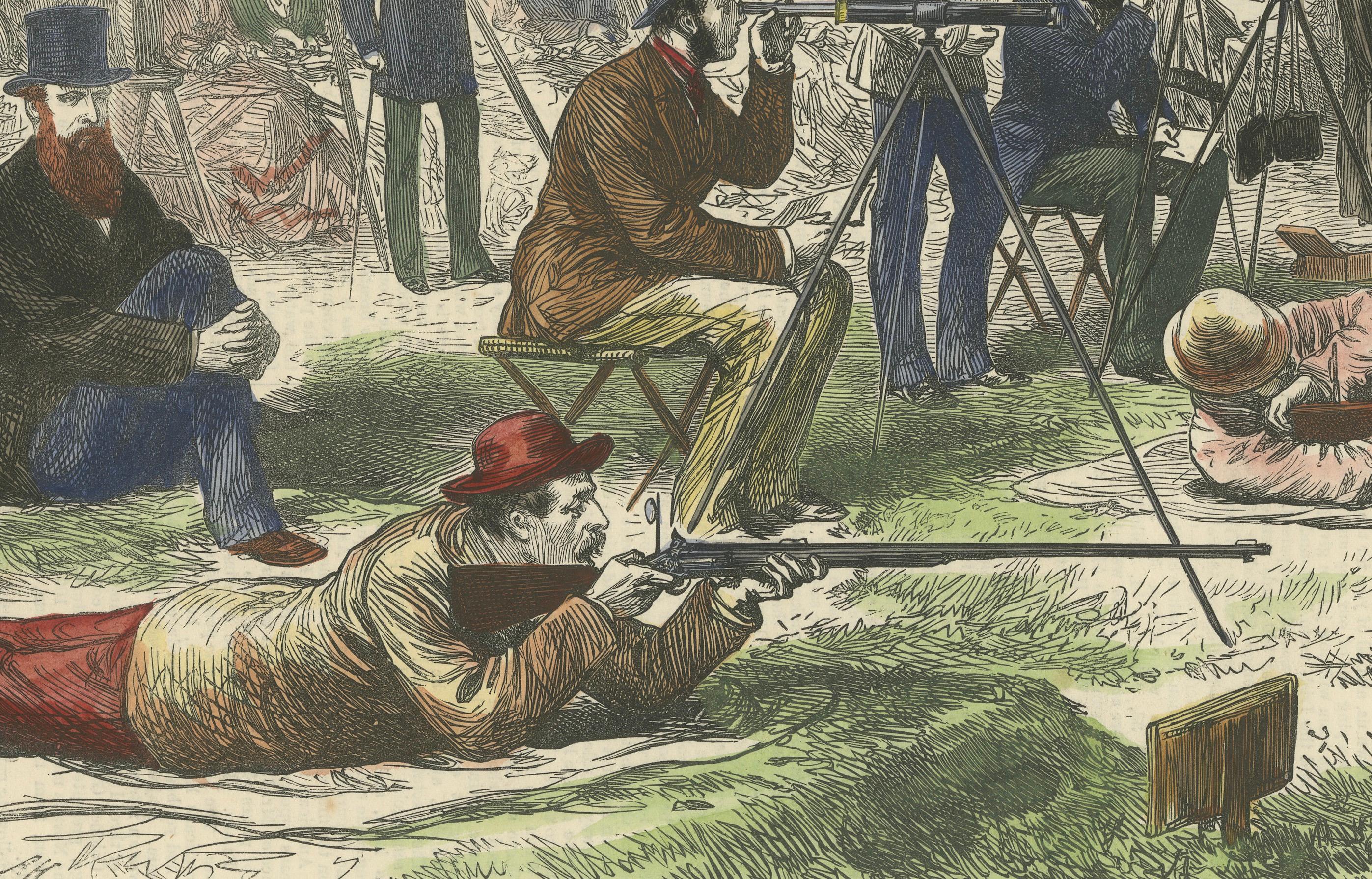 International Rifle Match Between American and Irish Teams at Dollymount, 1875 In Good Condition For Sale In Langweer, NL