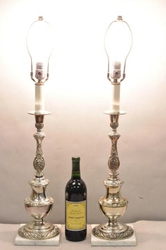 International Victorian Silver Plate Floral Repousse Candlestick Table Lamp Pair