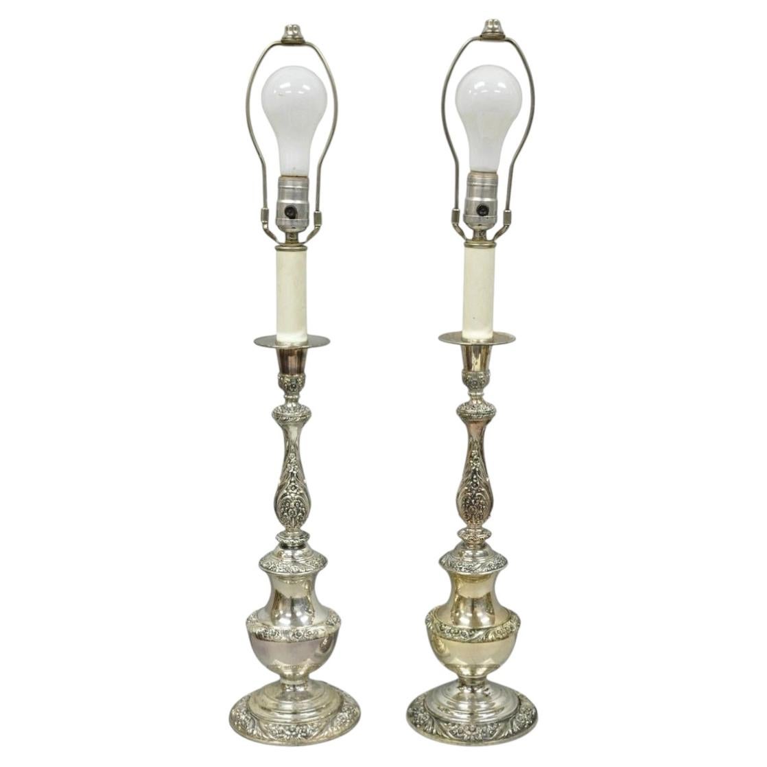 International Victorian Silver Plate Floral Repousse Candlestick Table Lamp Pair