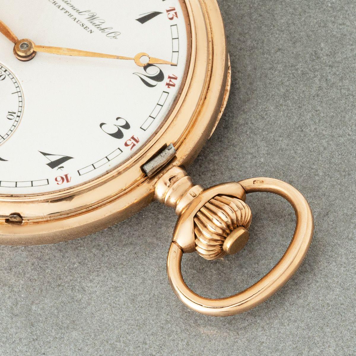 International Watch Company 14ct Rose Gold Full Hunter Keyless Manual Wind Lever Movement Pocket Watch C1900's.

Dial: The Perfect rare white enamel dial with Breguet style numerals with unusual red twenty four hour markers on the outer track with
