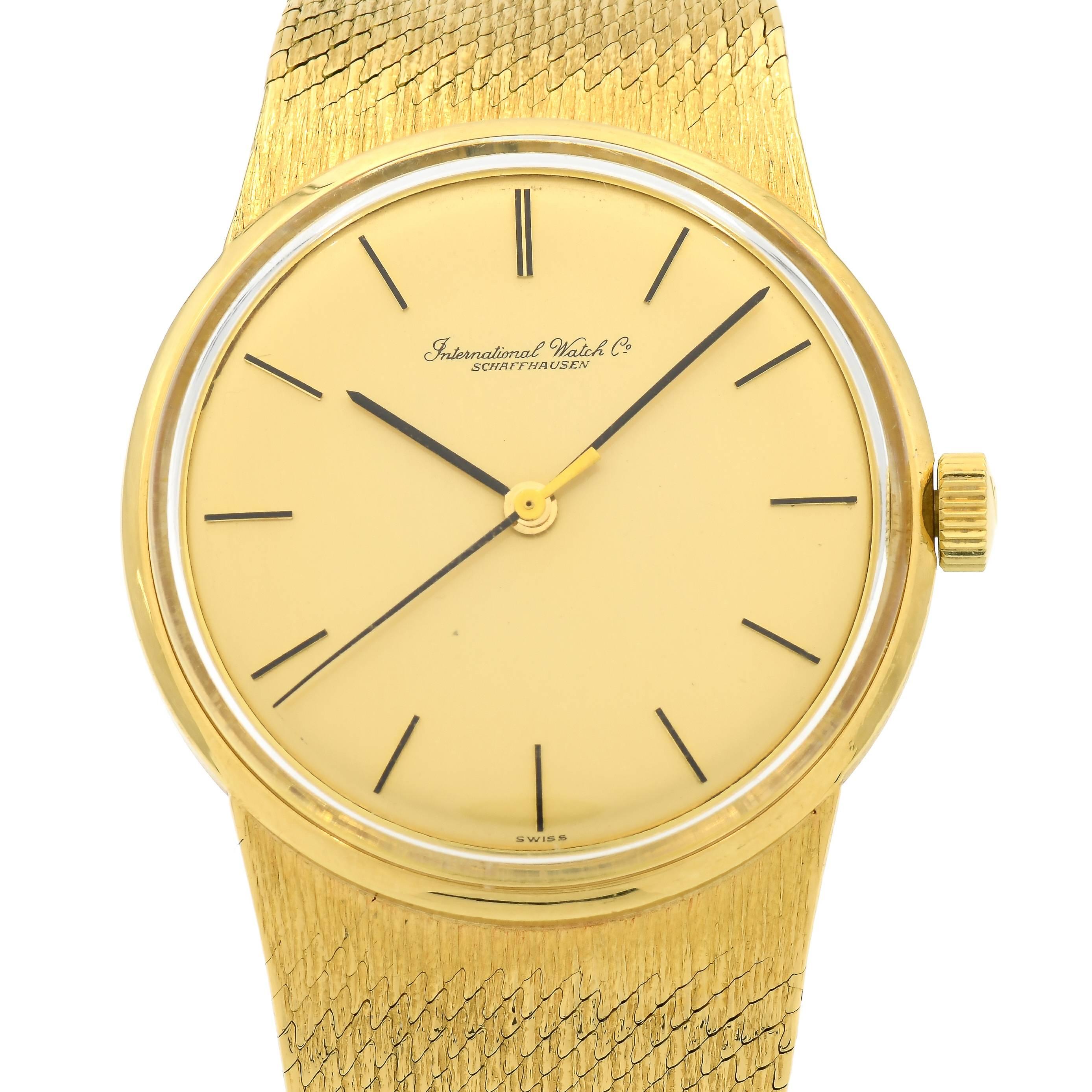 Vintage mid 1970’s International Watch Co. solid 18k yellow gold mesh dress watch. All original. Perfect for a man or a woman. Gold tone dial.

18k yellow gold
Length: 7.5 inches
A ladder can be added to make the watch longer – the mesh can be cut