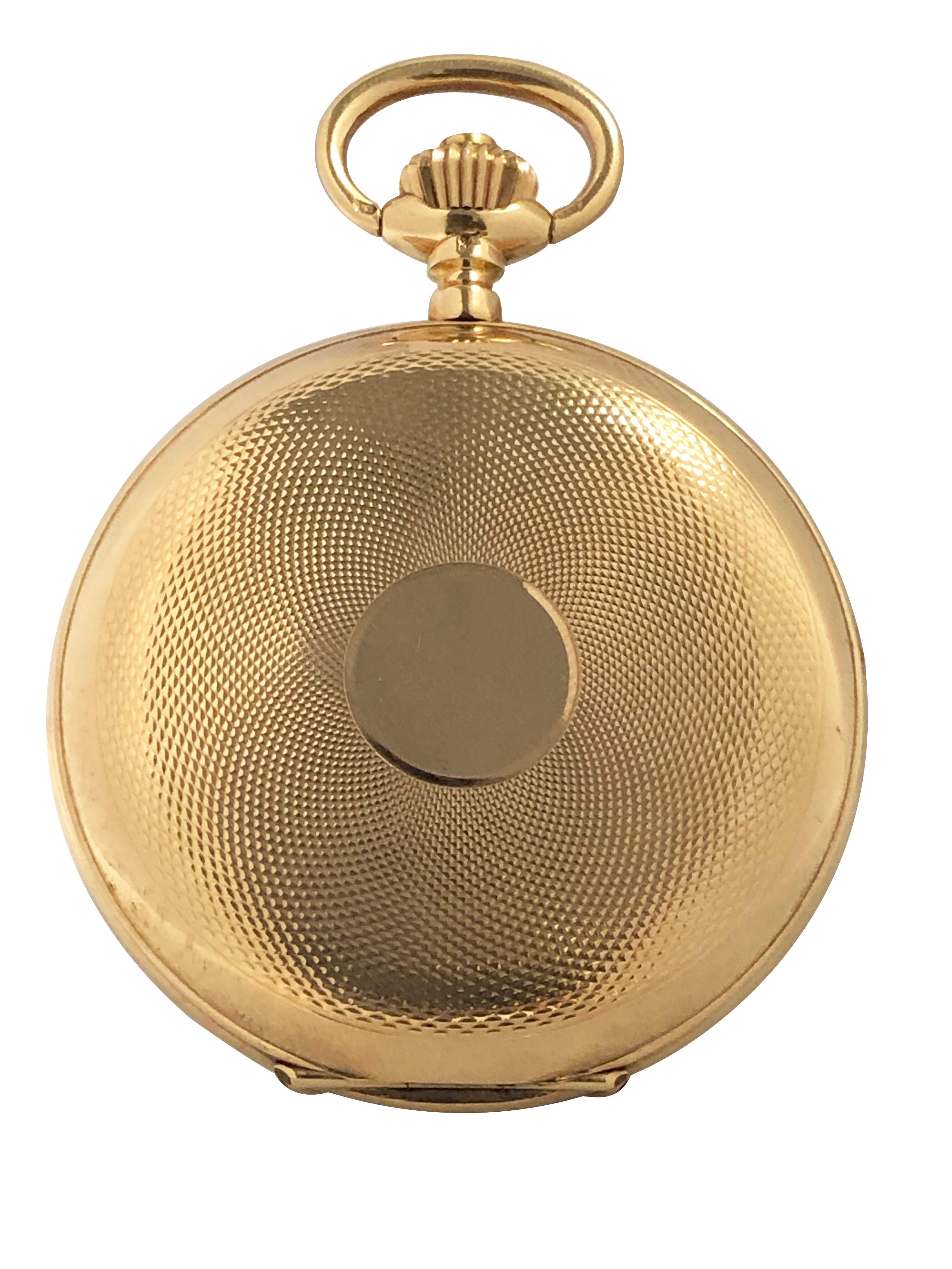 Circa 1900 I.W.C.  International Watch Company, Schaffhausen Hunting Case Pocket Watch, 14k Yellow Gold 50 M.M. Hunting case with inside dust cover. Engine turned Front and Back covers. Lever set Gilt metal movement. Double sunk Porcelain dial with