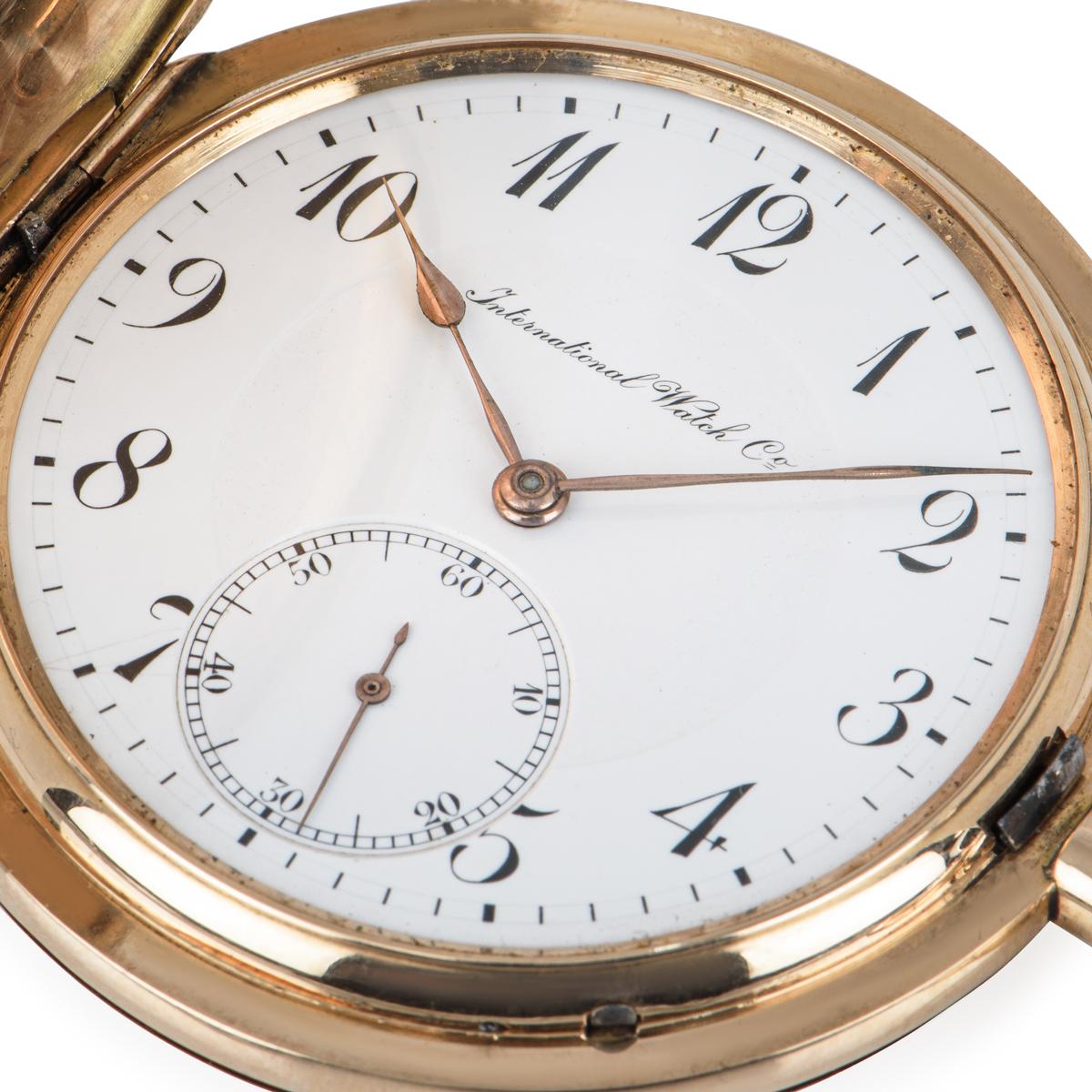 International Watch Company 14Kt Rose 50mm Gold Full Hunter Keyless Manual Wind Lever Movement Pocket Watch C1990's

Dial: The Perfect white enamel Arabic dial with sub second dial fully signed International Watch Co with mineral glass.

Case: The