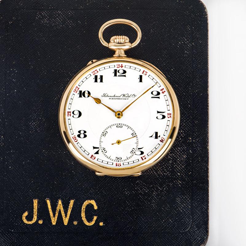 International Watch Company Gold Schlüssellose Klapp-Taschenuhr mit offenem Zifferblatt C1920er im Angebot 4