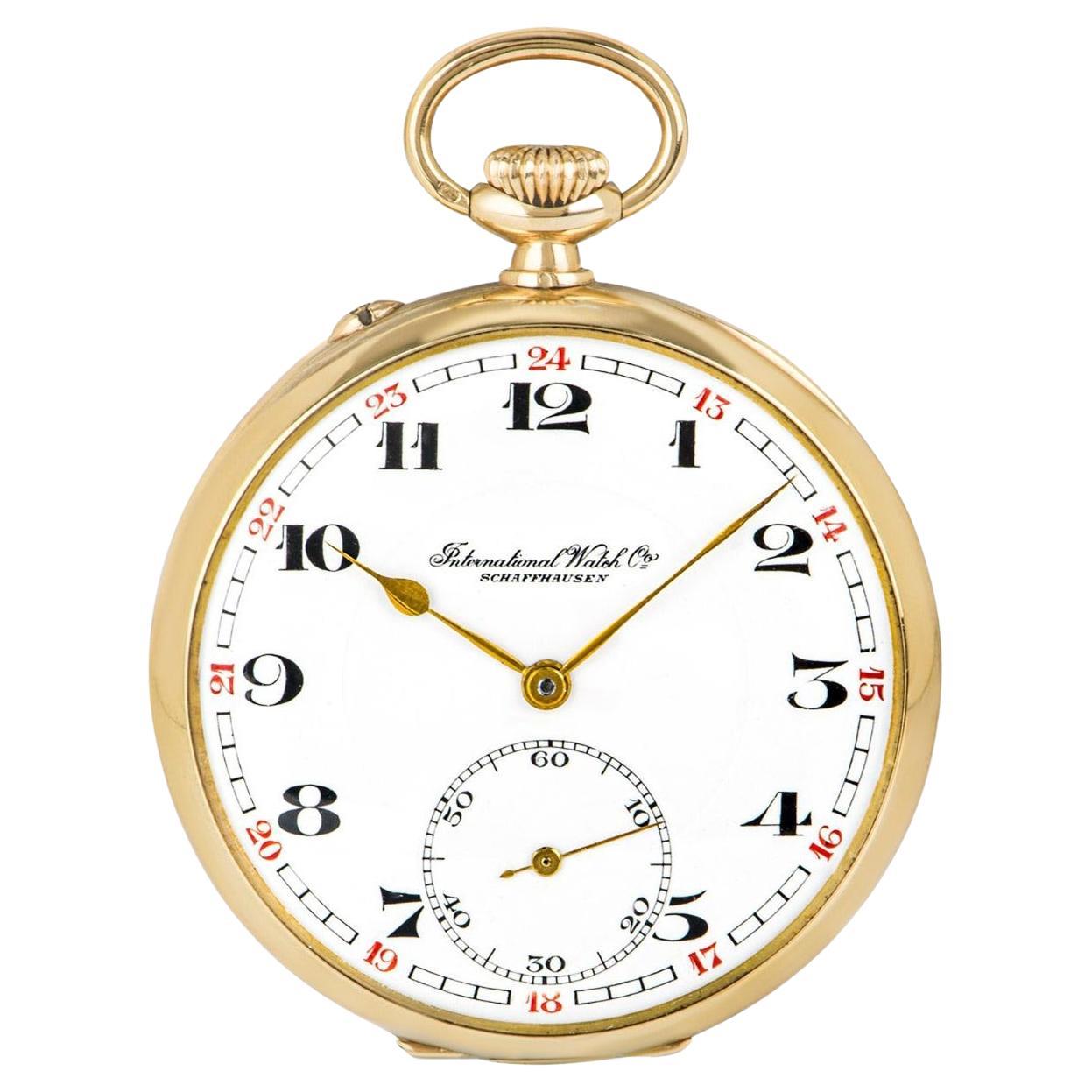 International Watch Company Gold Schlüssellose Klapp-Taschenuhr mit offenem Zifferblatt C1920er im Angebot