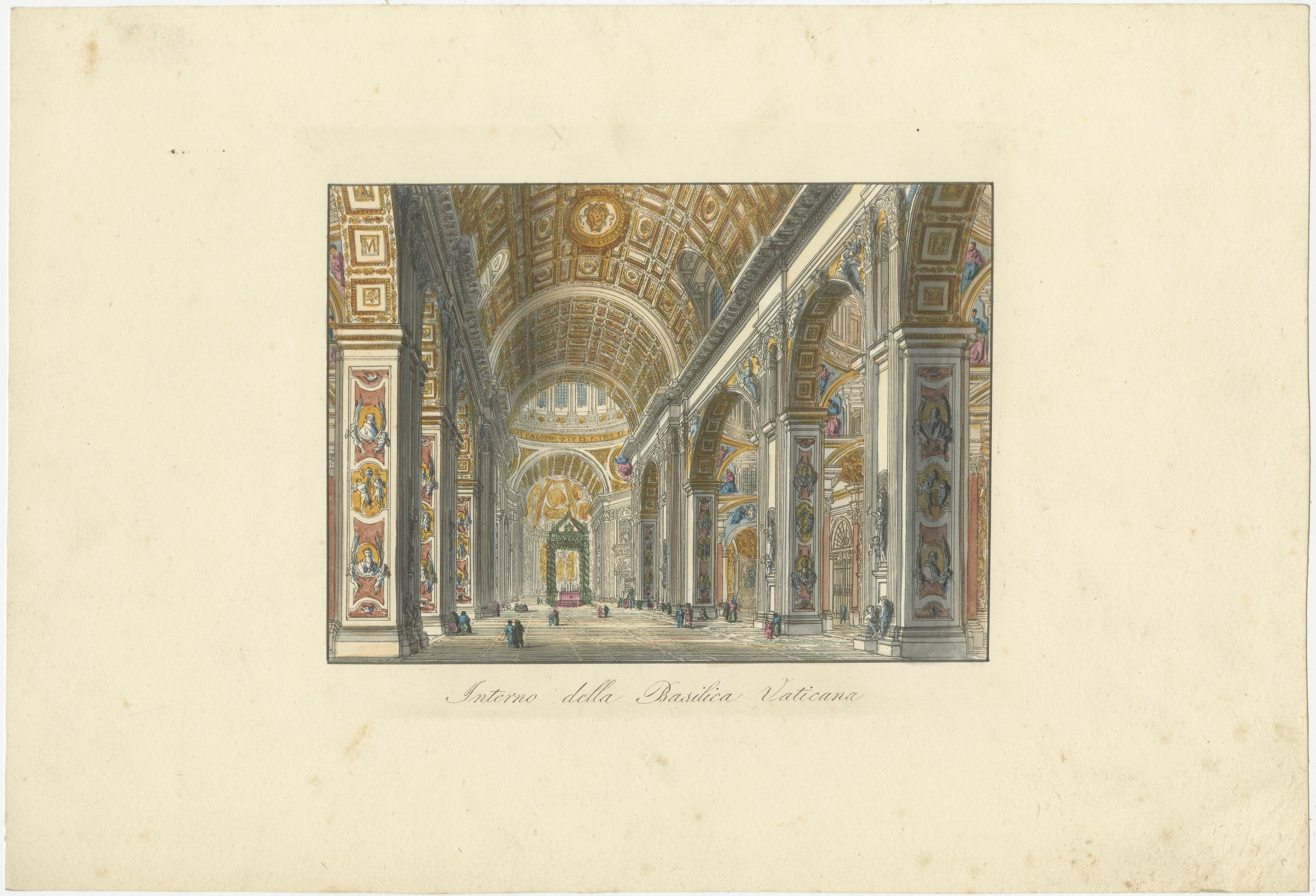 Interno della Basilica Vaticana - Antike handkolorierte Innenansicht (um 1840)

Dieser detailreiche handkolorierte Kupferstich aus dem 19. Jahrhundert zeigt eine prächtige Innenansicht des Petersdoms im Vatikan, die die gewaltigen Ausmaße, die