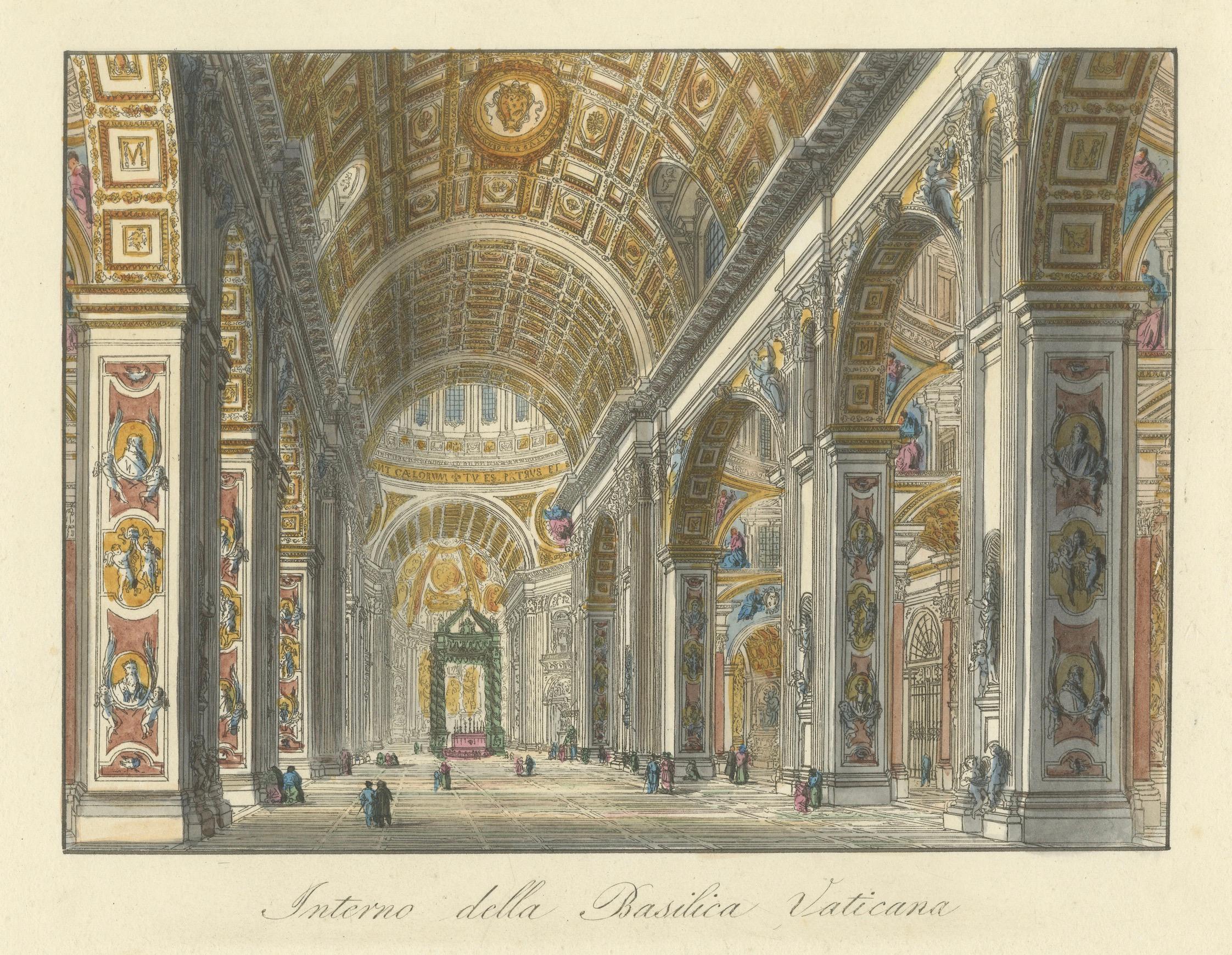 Interno della Basilica Vaticana - Antike handkolorierte Innenansicht (um 1840) (Italienisch) im Angebot