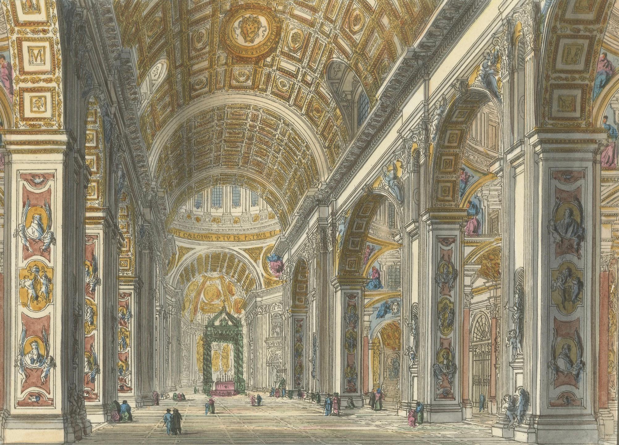 Interno della Basilica Vaticana - Antike handkolorierte Innenansicht (um 1840) im Zustand „Gut“ im Angebot in Langweer, NL