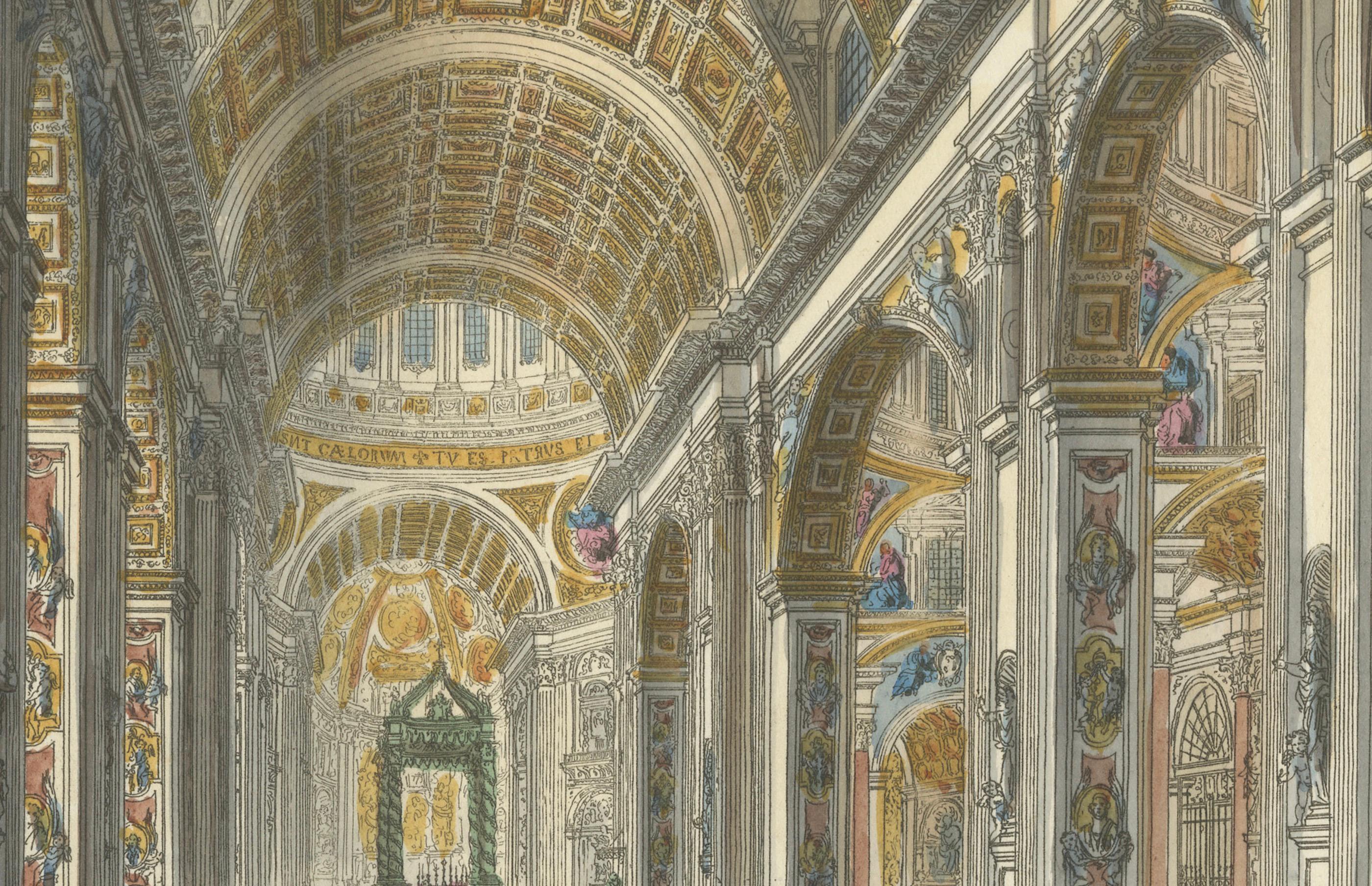 Interno della Basilica Vaticana - Antike handkolorierte Innenansicht (um 1840) (Mittleres 19. Jahrhundert) im Angebot