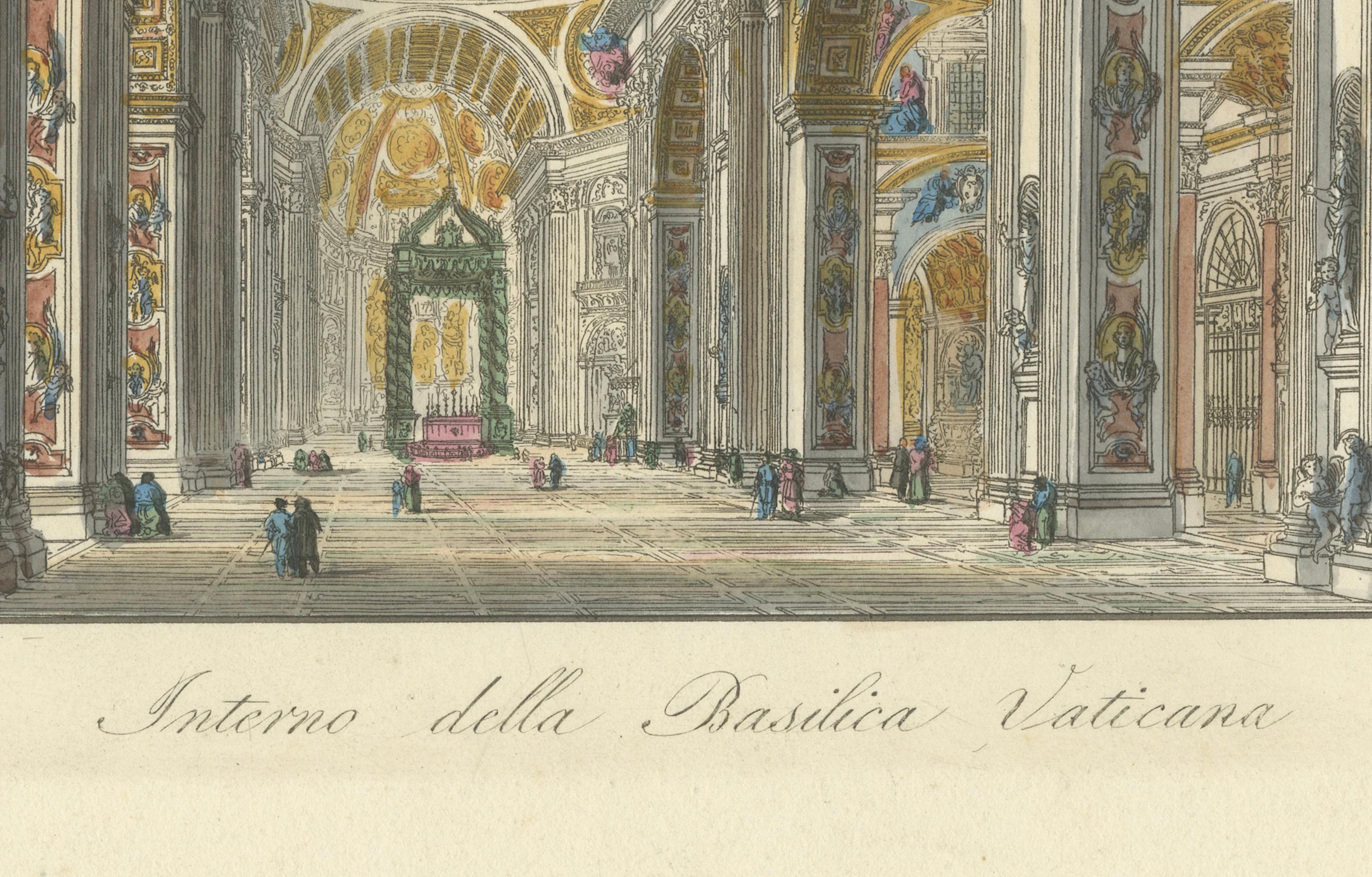 Interno della Basilica Vaticana - Antike handkolorierte Innenansicht (um 1840) (Papier) im Angebot