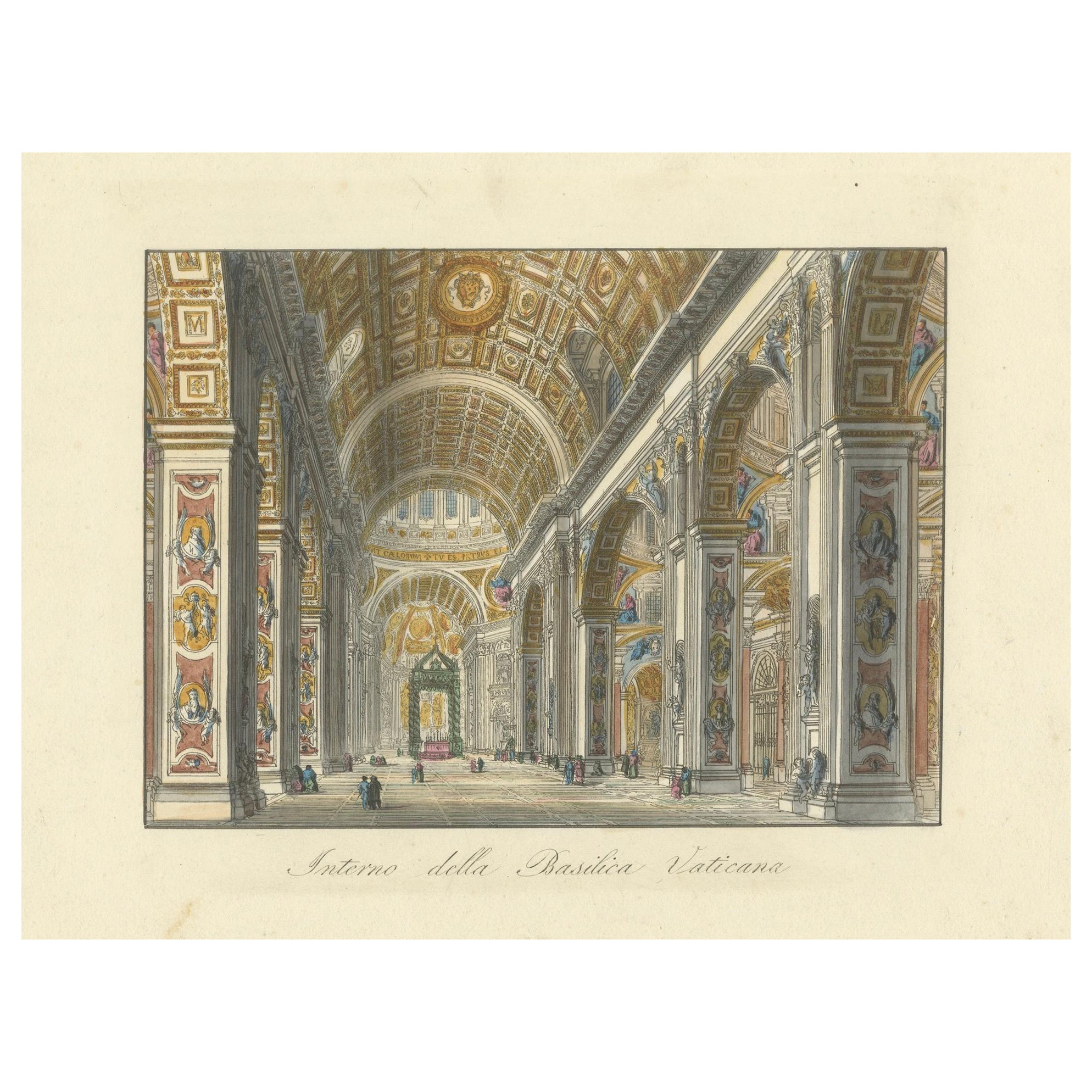 Interno della Basilica Vaticana – Antique Hand-Coloured Interior View (c.1840)