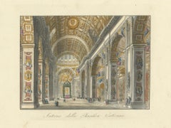 Interno della Basilica Vaticana – Antique Hand-Coloured Interior View (c.1840)