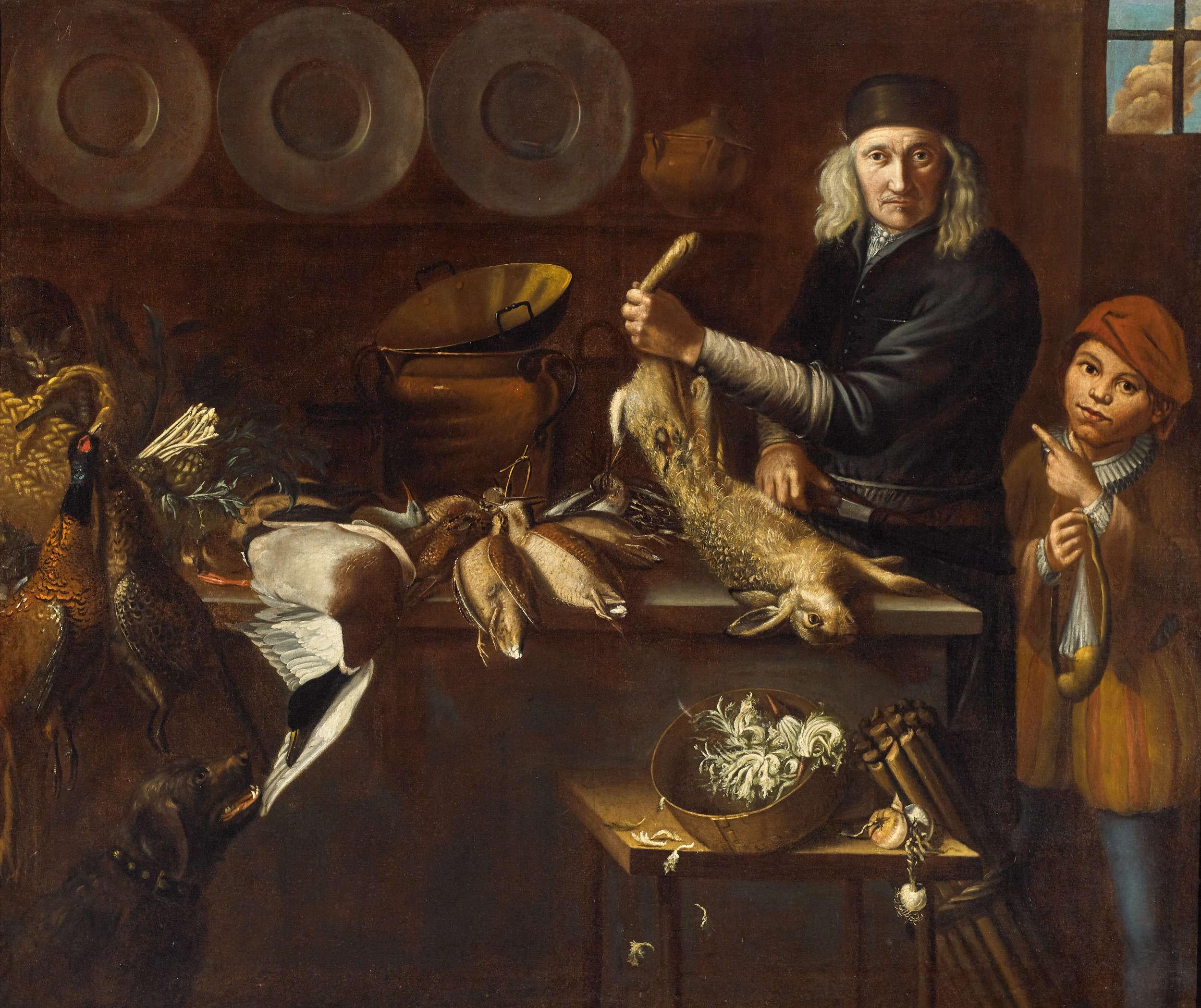 Kitchen interior, oil painting on canvas, northern Italy, 17th century

Two characters, still life with rich game and vegetables, tableware, a dog and a cat. 

Northern Italy,  17th century

dimensions: 155 x 185 cm
 174 x 205 cm (with frame)


In